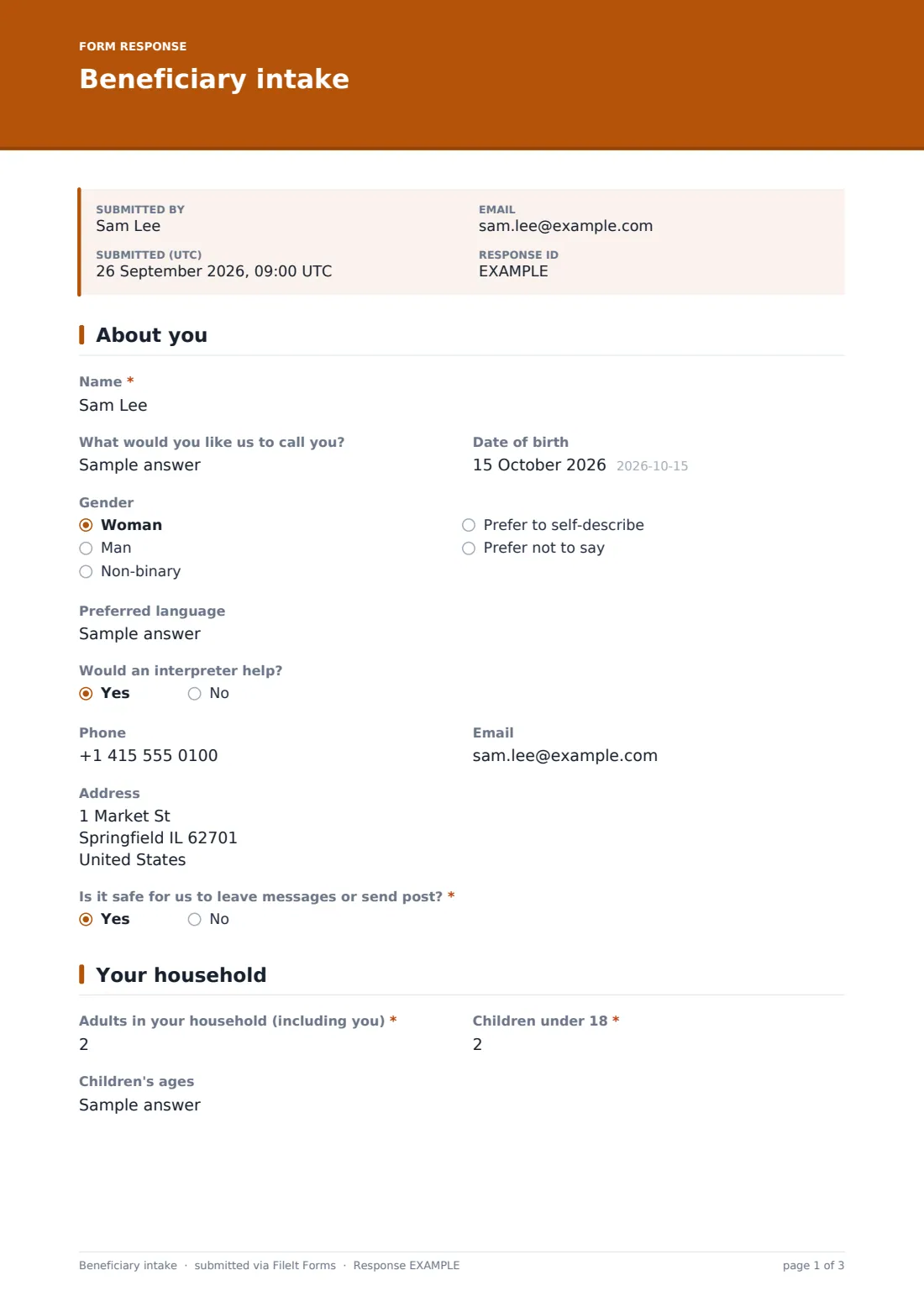 Beneficiary intake — example response PDF, page 1 of 3