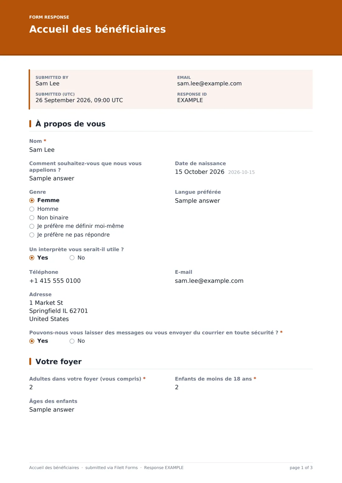 Accueil des bénéficiaires — exemple de réponse au format PDF, page 1 sur 3