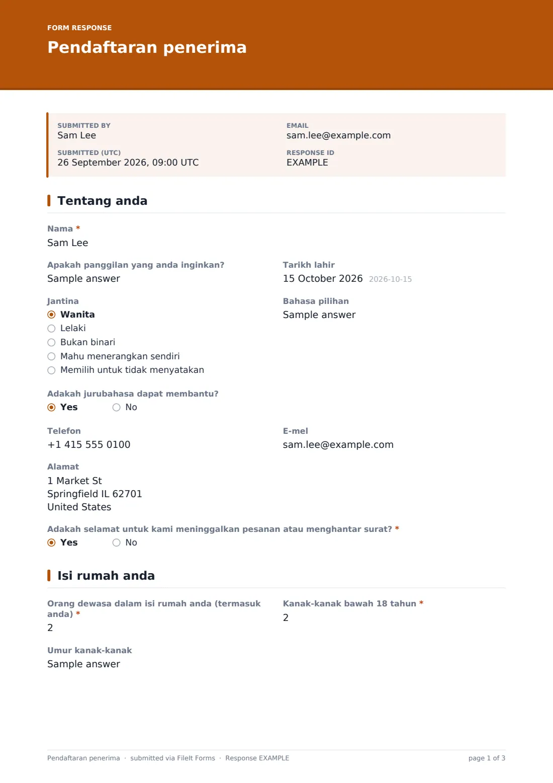 Pendaftaran penerima — PDF respons contoh, halaman 1 daripada 3