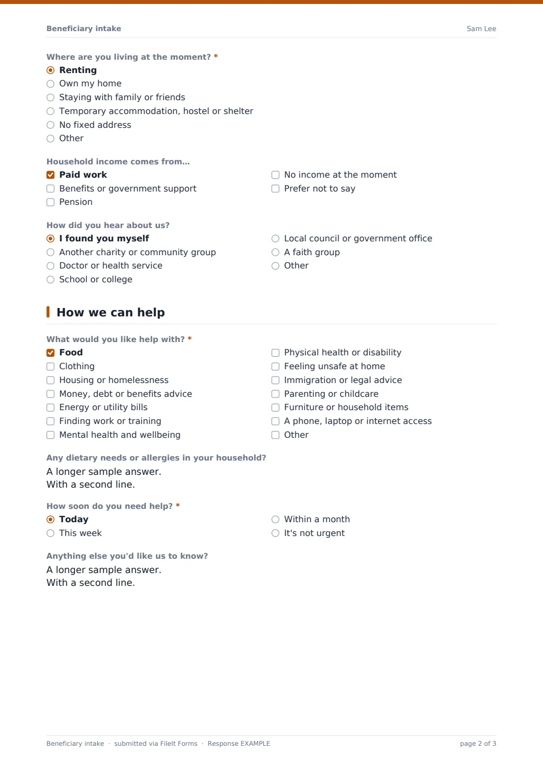 Beneficiary intake — example response PDF, page 2 of 3