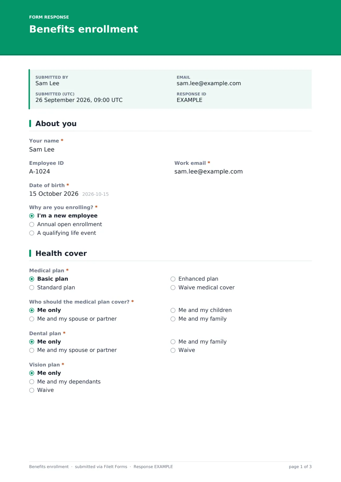 Benefits enrollment — example response PDF, page 1 of 3