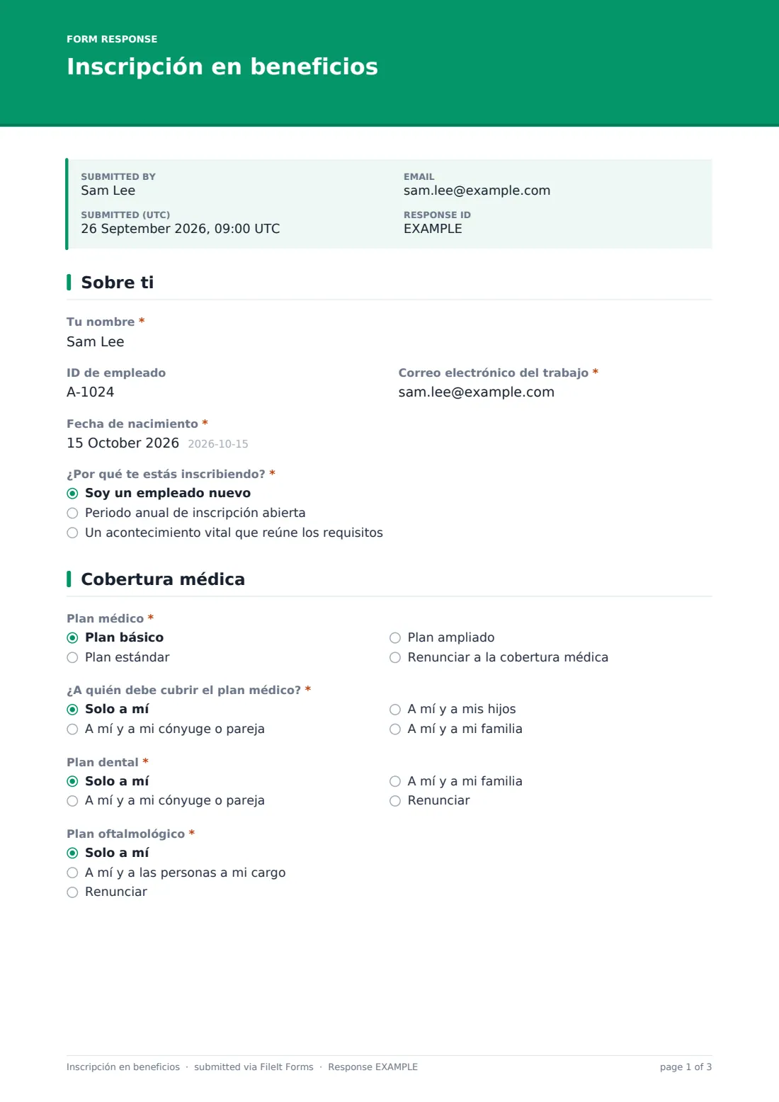 Inscripción en beneficios — PDF de respuesta de ejemplo, página 1 de 3