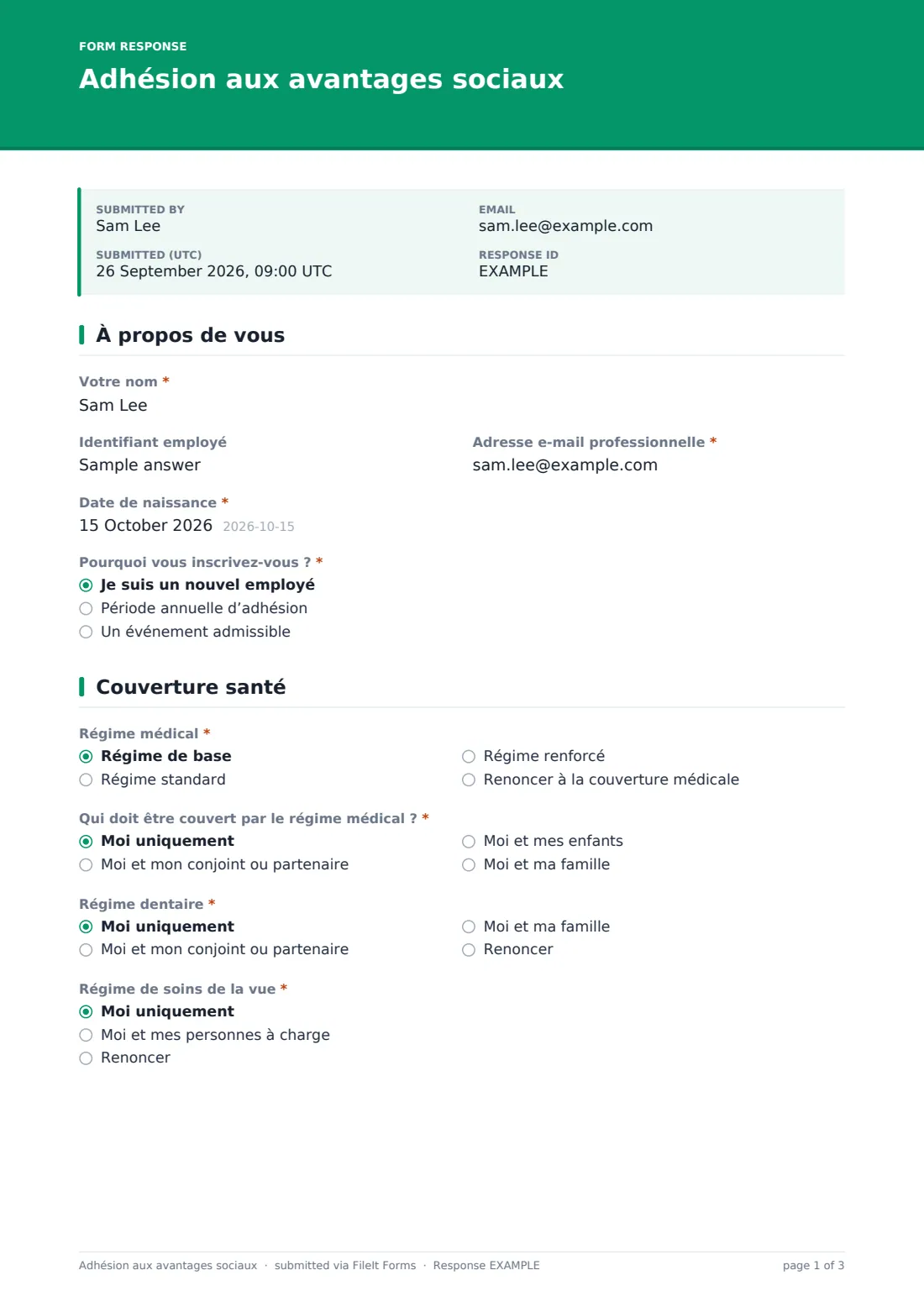 Adhésion aux avantages sociaux — exemple de réponse au format PDF, page 1 sur 3