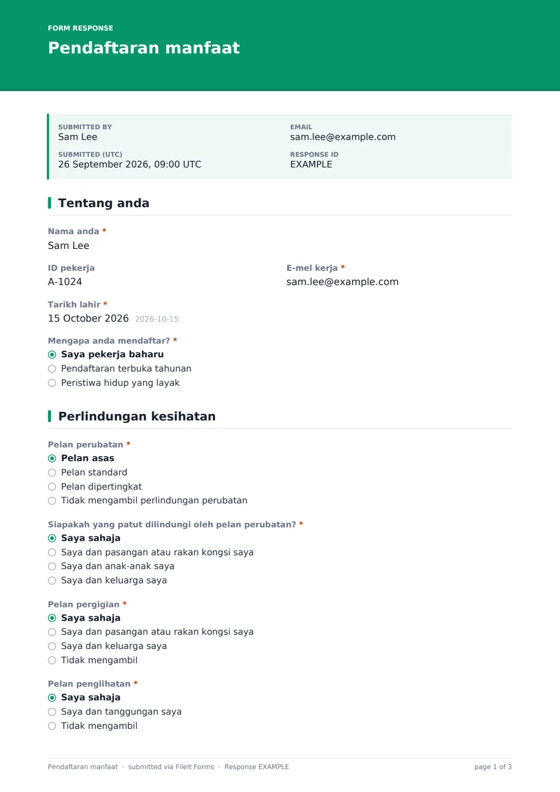 Pendaftaran manfaat — PDF respons contoh, halaman 1 daripada 3