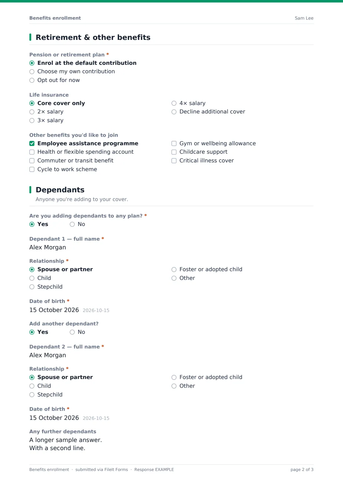Benefits enrollment — example response PDF, page 2 of 3