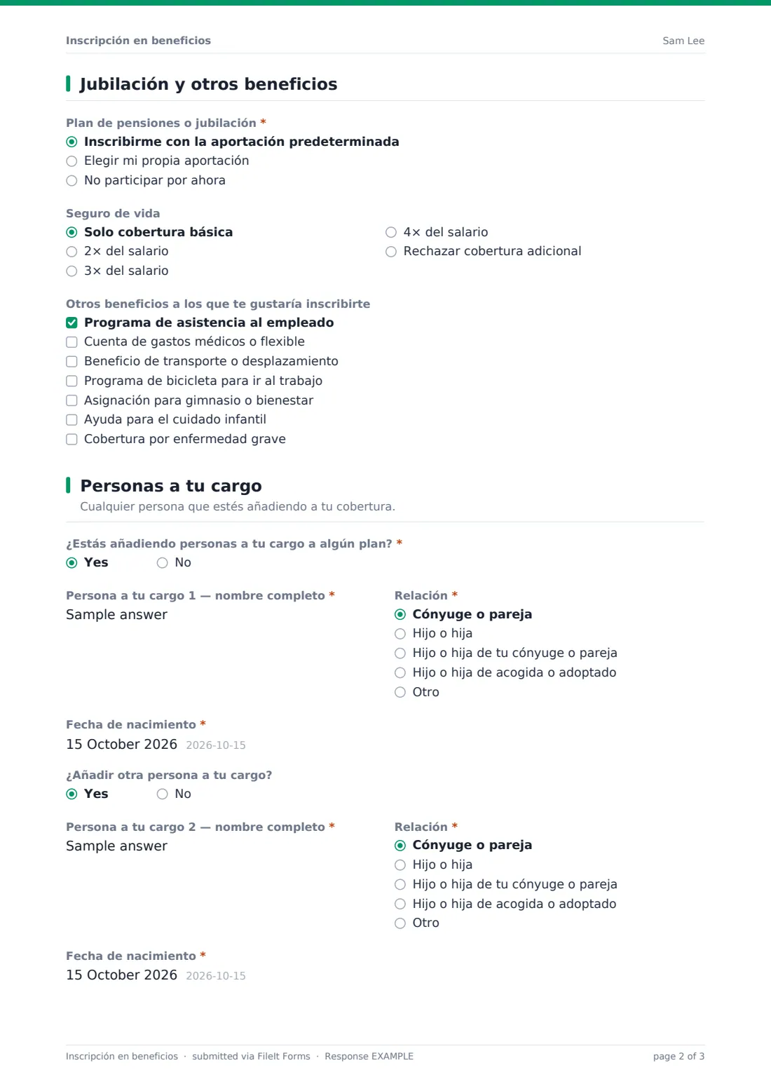 Inscripción en beneficios — PDF de respuesta de ejemplo, página 2 de 3