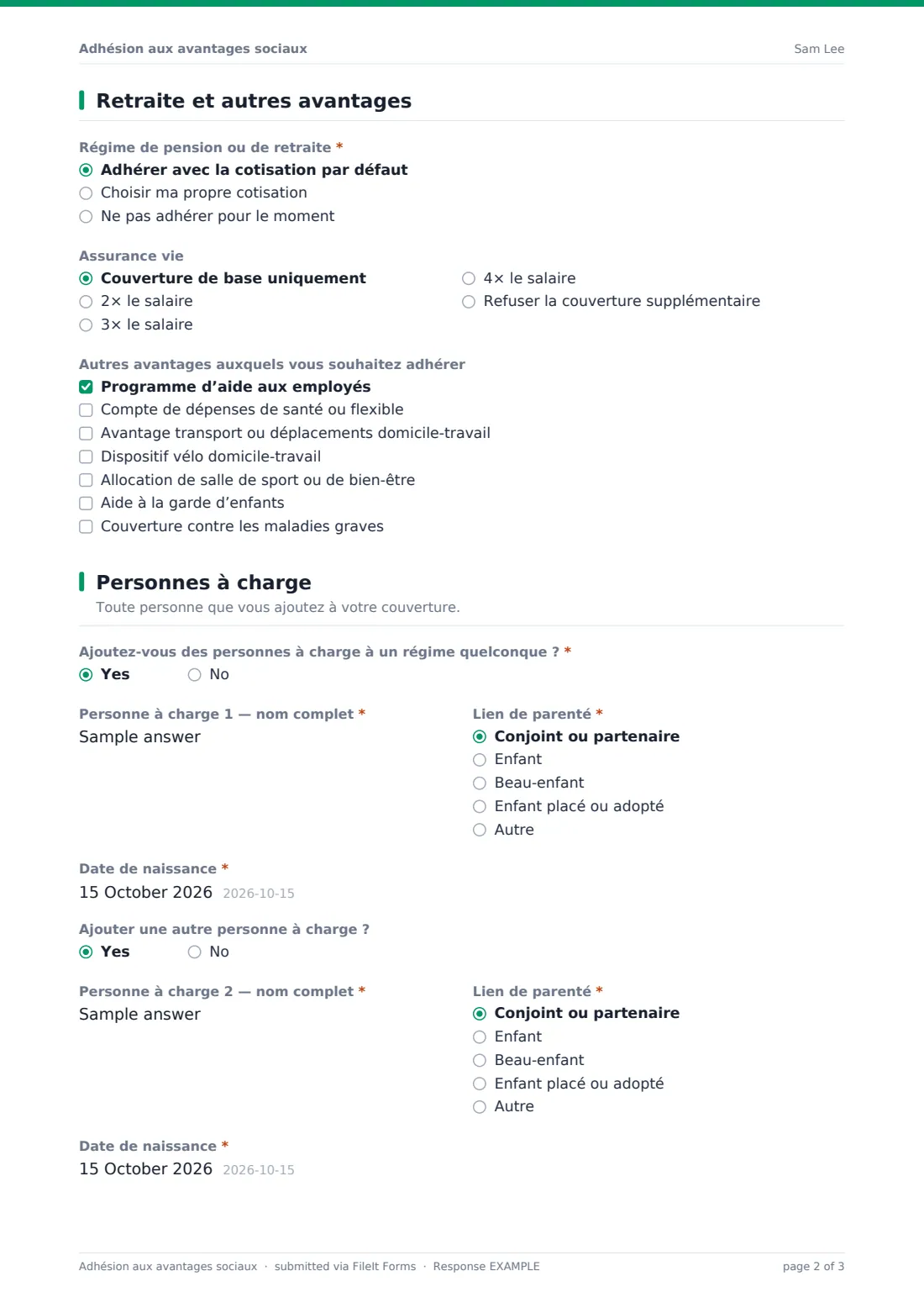 Adhésion aux avantages sociaux — exemple de réponse au format PDF, page 2 sur 3
