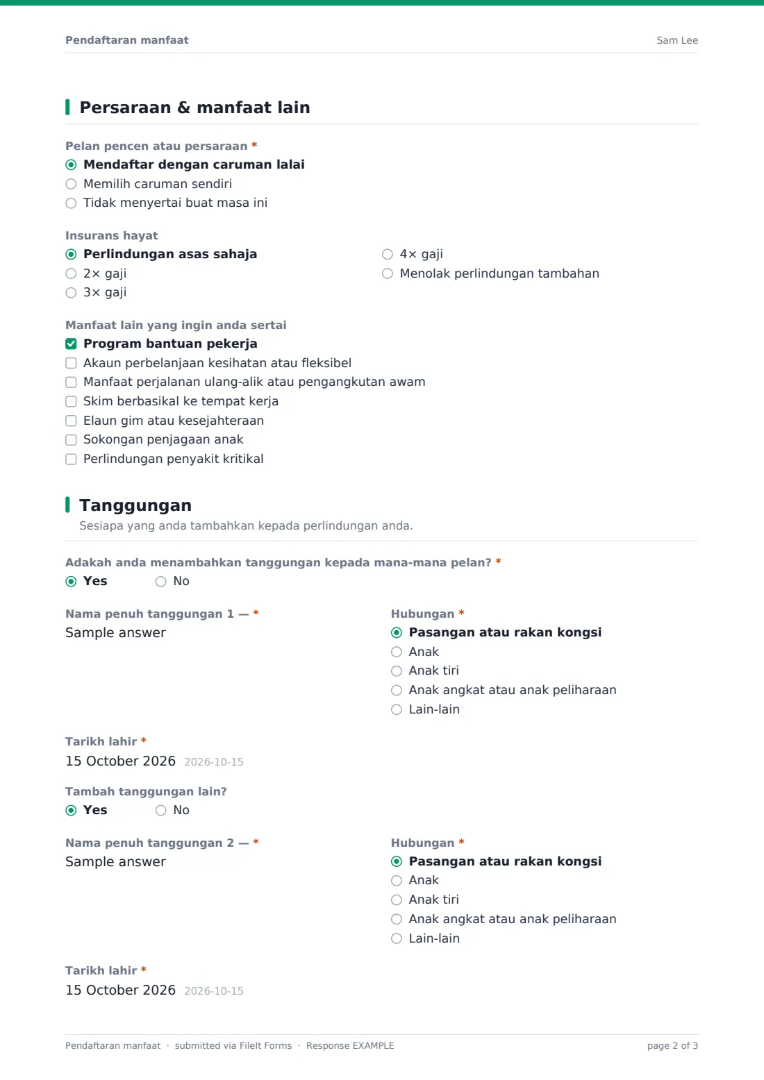 Pendaftaran manfaat — PDF respons contoh, halaman 2 daripada 3