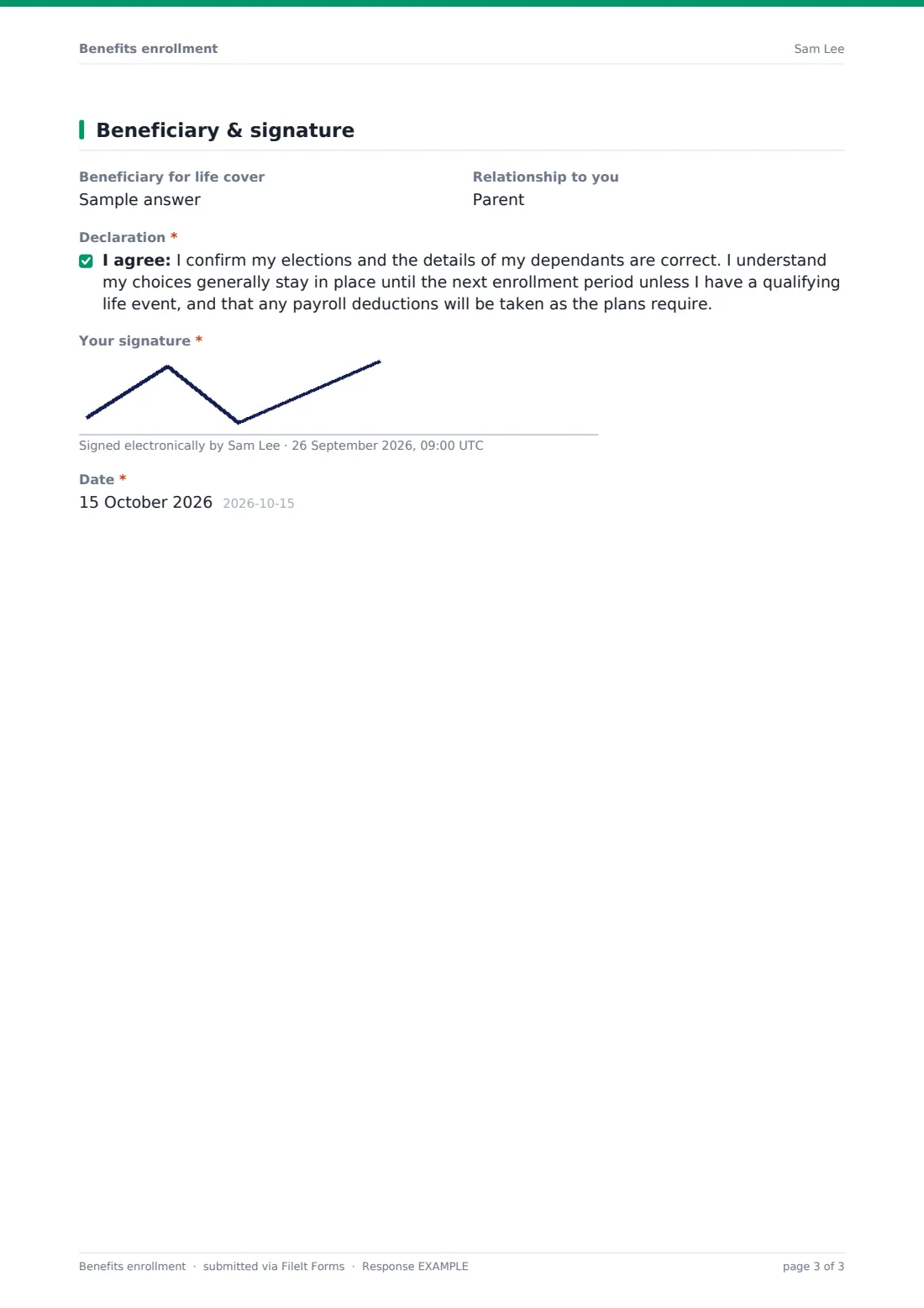 Benefits enrollment — example response PDF, page 3 of 3