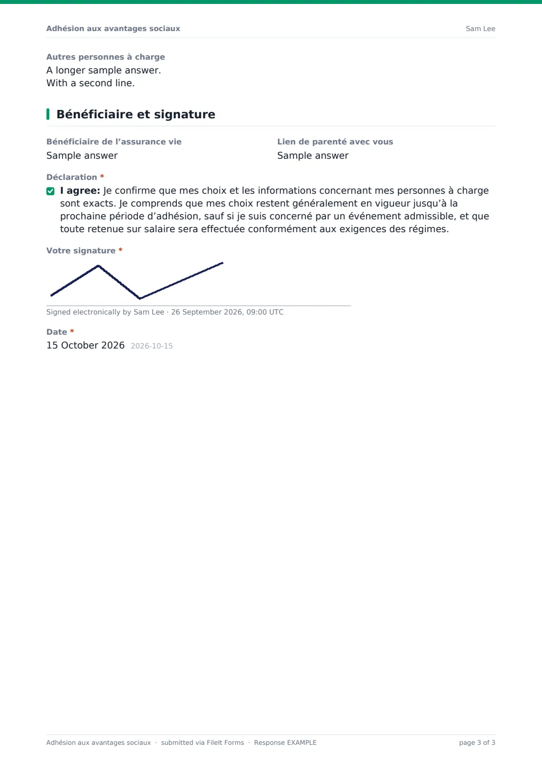 Adhésion aux avantages sociaux — exemple de réponse au format PDF, page 3 sur 3