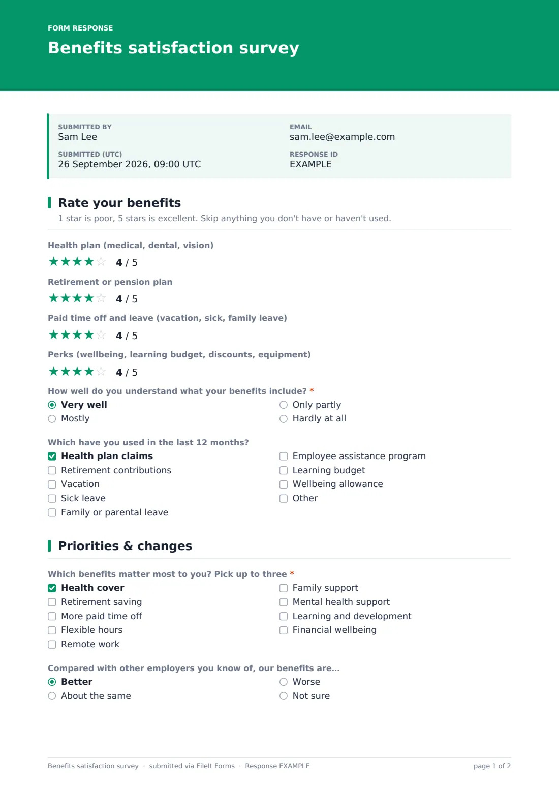 Benefits satisfaction survey — example response PDF, page 1 of 2