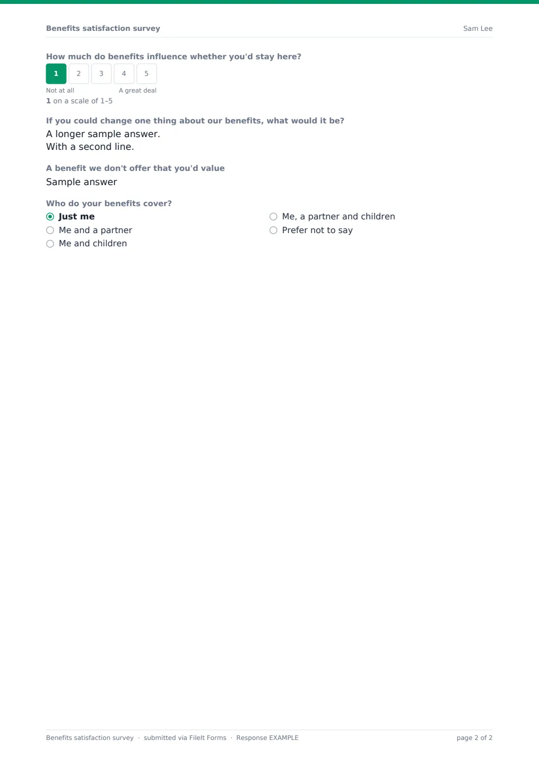Benefits satisfaction survey — example response PDF, page 2 of 2