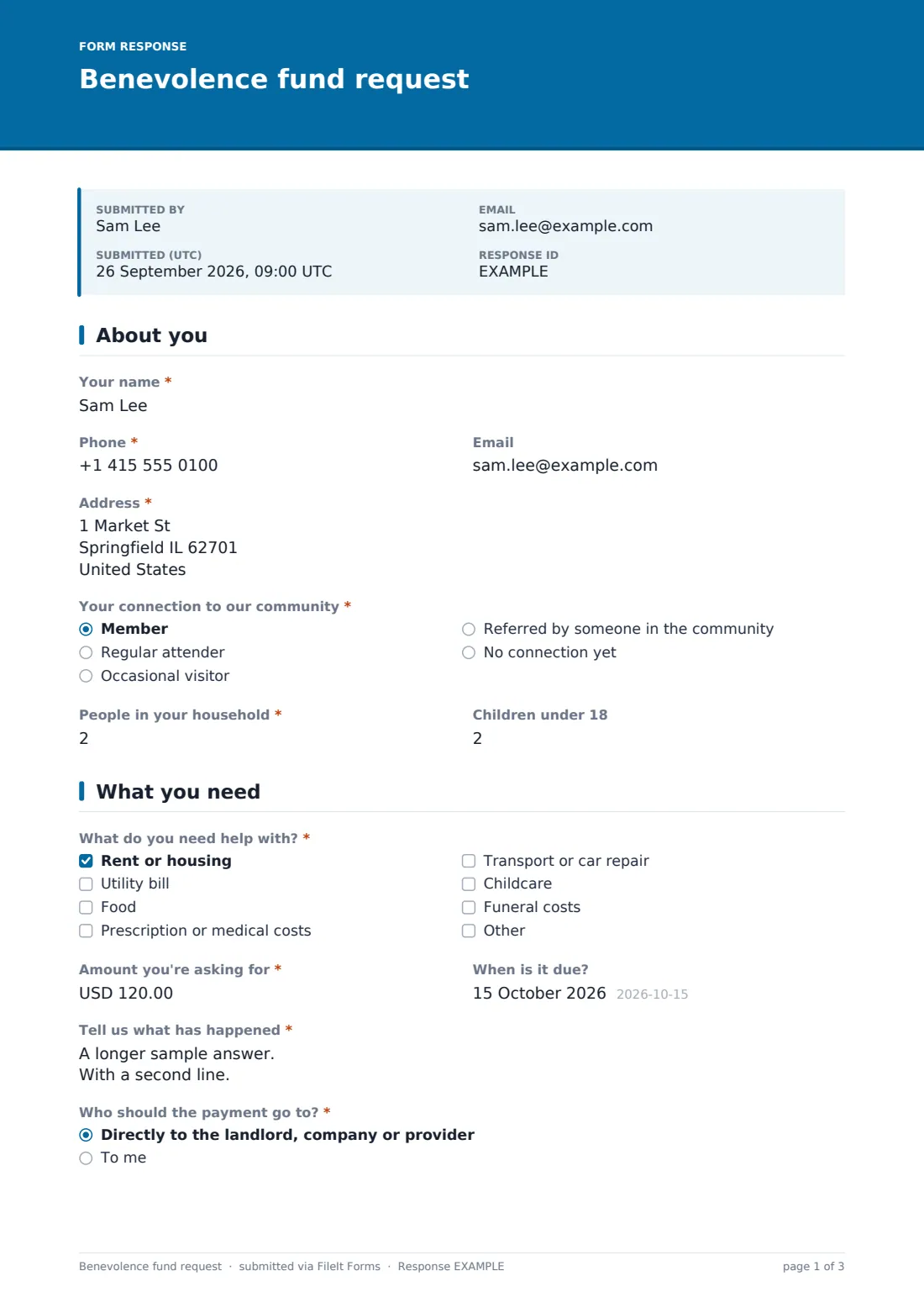 Benevolence fund request — example response PDF, page 1 of 3