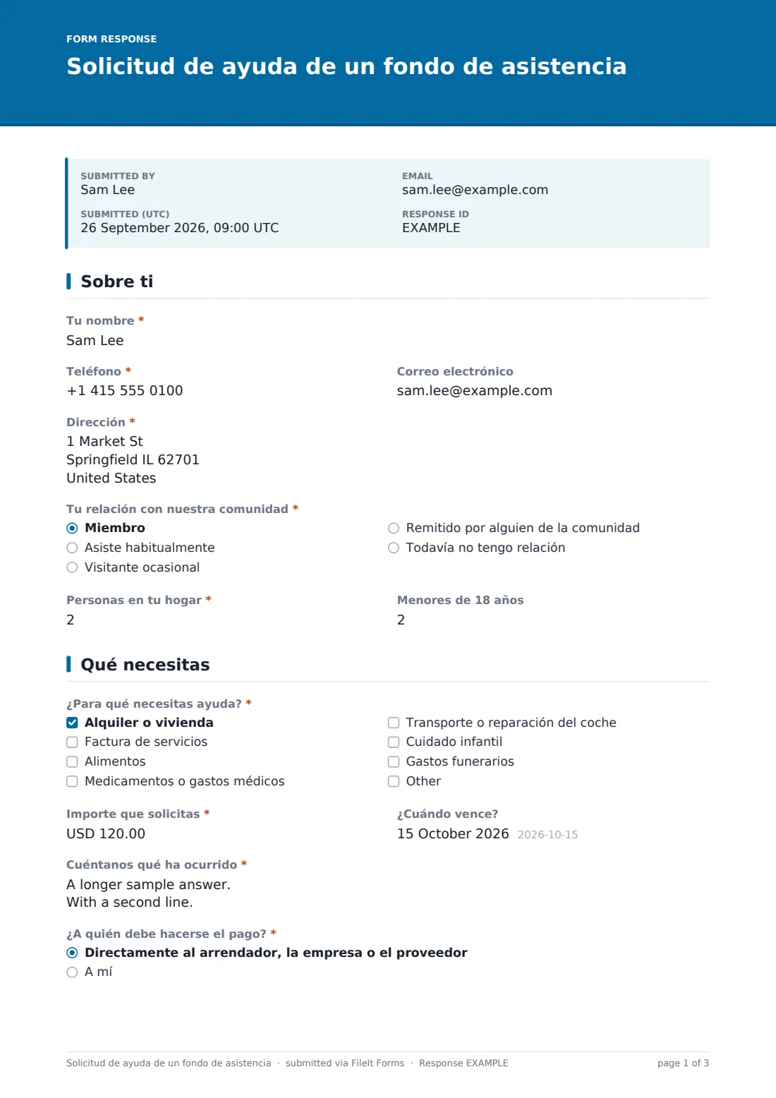 Solicitud de ayuda de un fondo de asistencia — PDF de respuesta de ejemplo, página 1 de 3