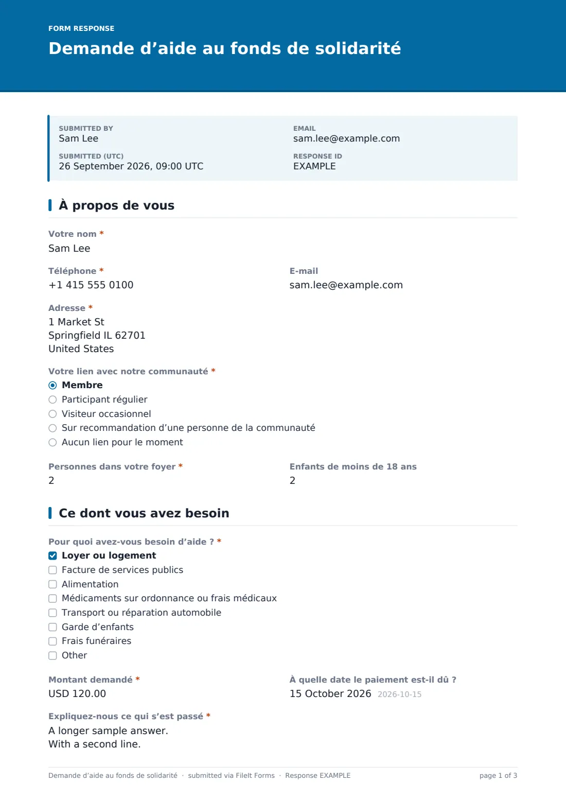 Demande d’aide au fonds de solidarité — exemple de réponse au format PDF, page 1 sur 3