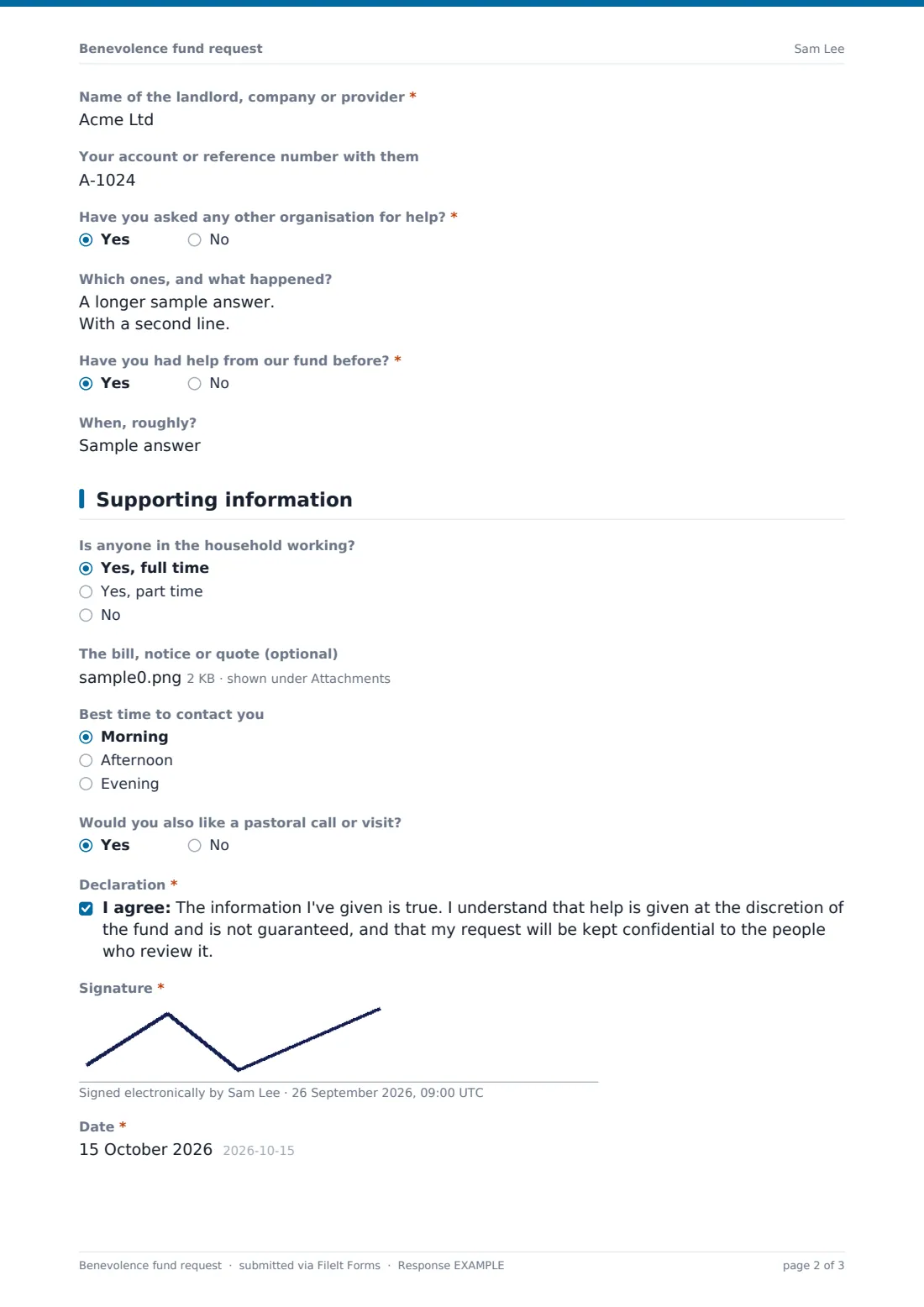 Benevolence fund request — example response PDF, page 2 of 3