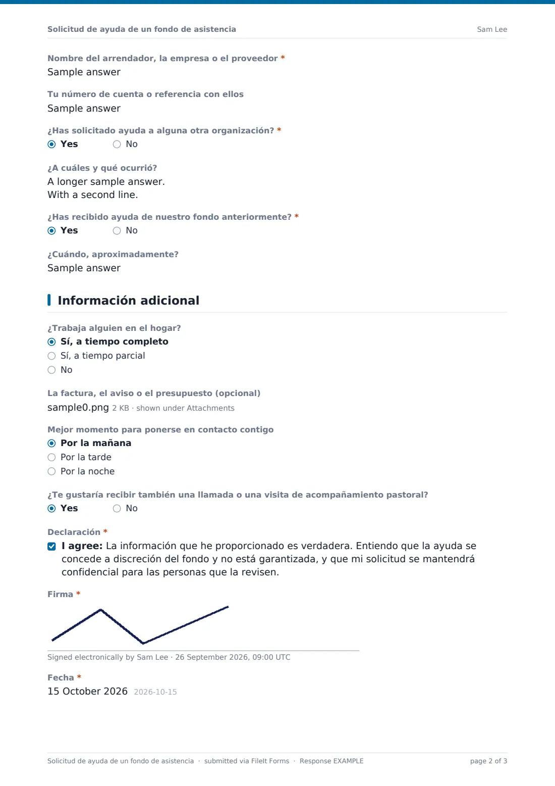Solicitud de ayuda de un fondo de asistencia — PDF de respuesta de ejemplo, página 2 de 3