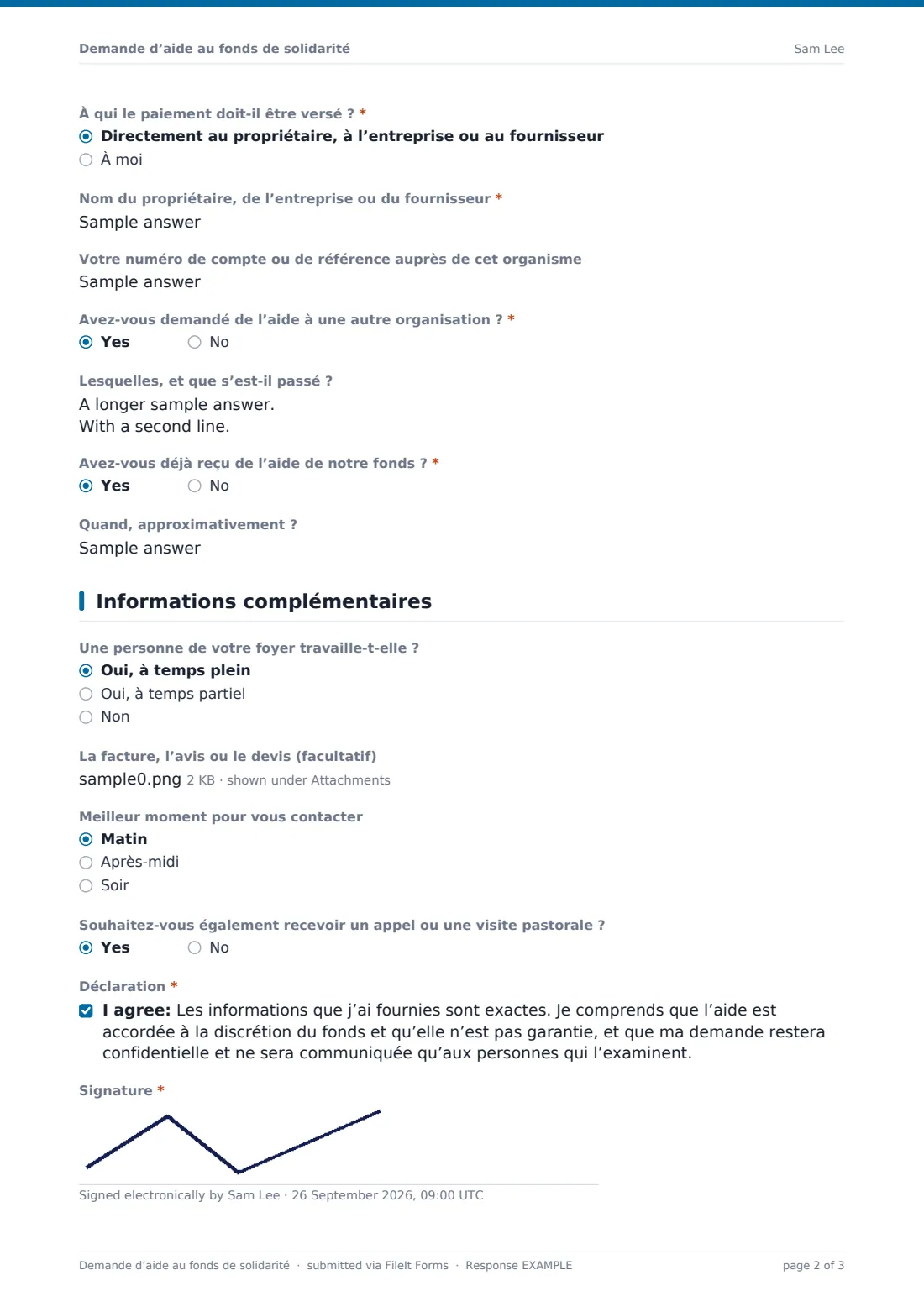 Demande d’aide au fonds de solidarité — exemple de réponse au format PDF, page 2 sur 3