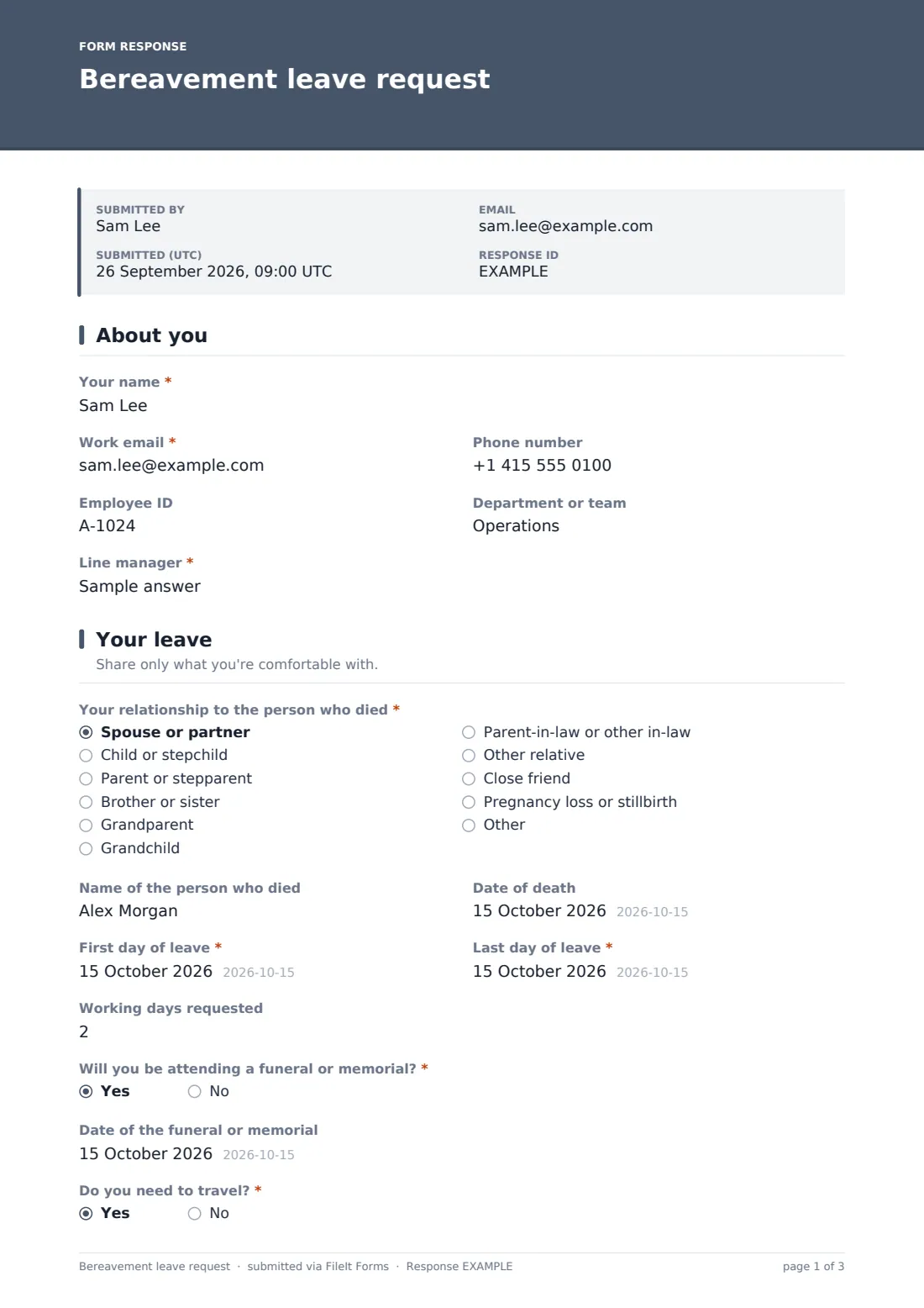 Bereavement leave request — example response PDF, page 1 of 3