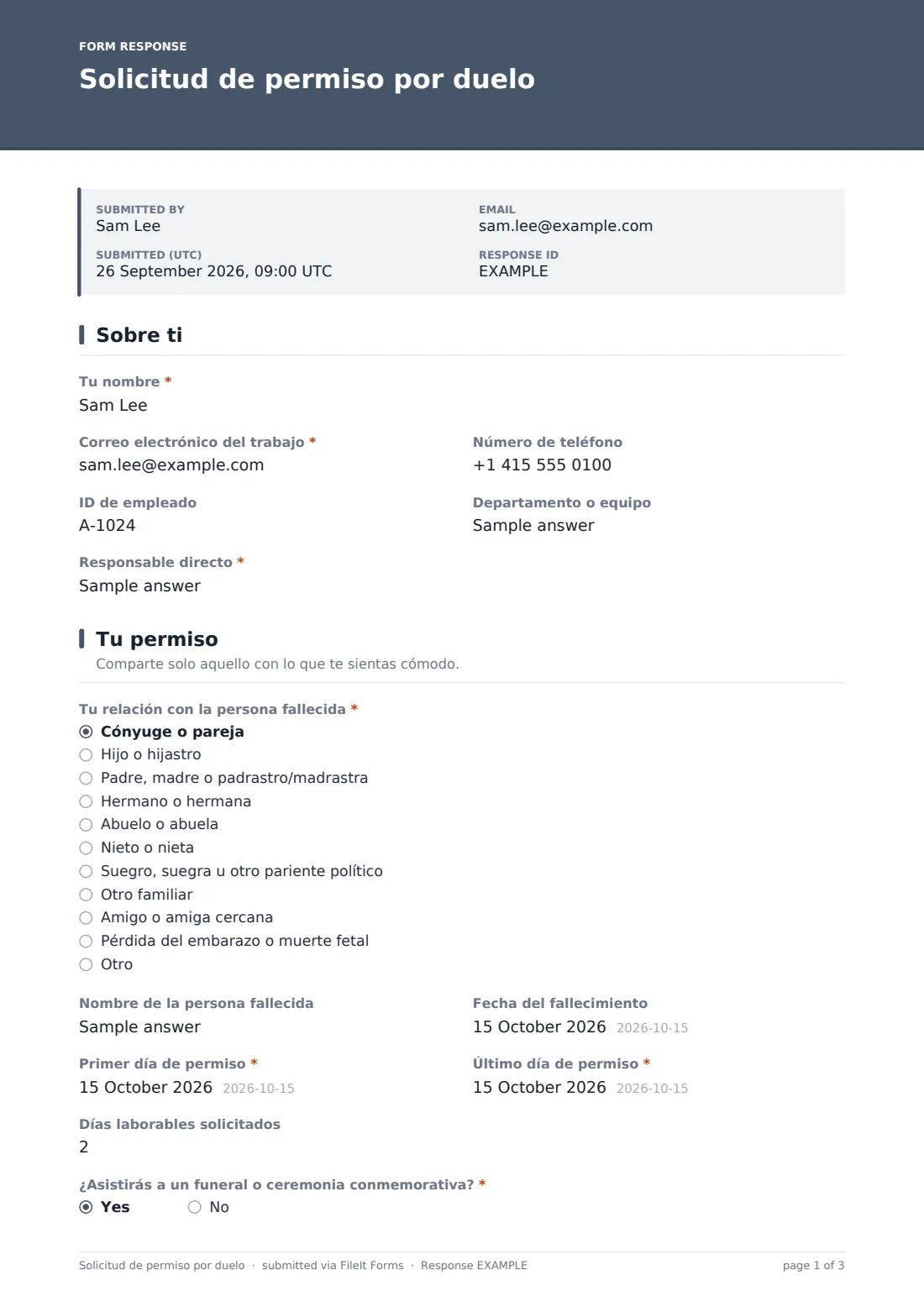 Solicitud de permiso por duelo — PDF de respuesta de ejemplo, página 1 de 3