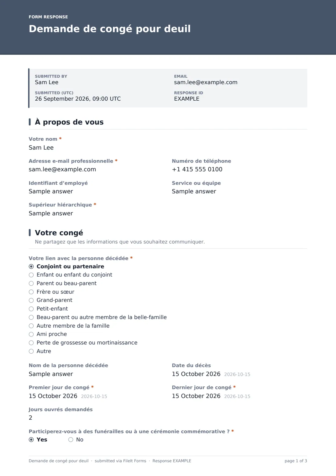 Demande de congé pour deuil — exemple de réponse au format PDF, page 1 sur 3