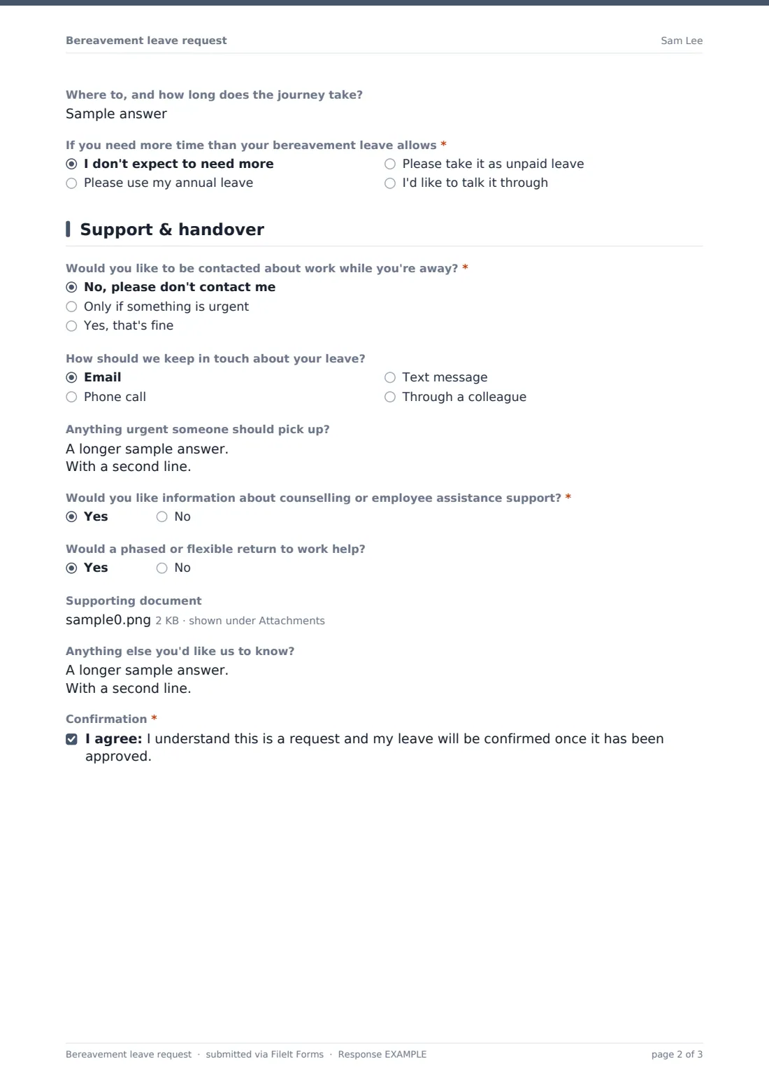 Bereavement leave request — example response PDF, page 2 of 3