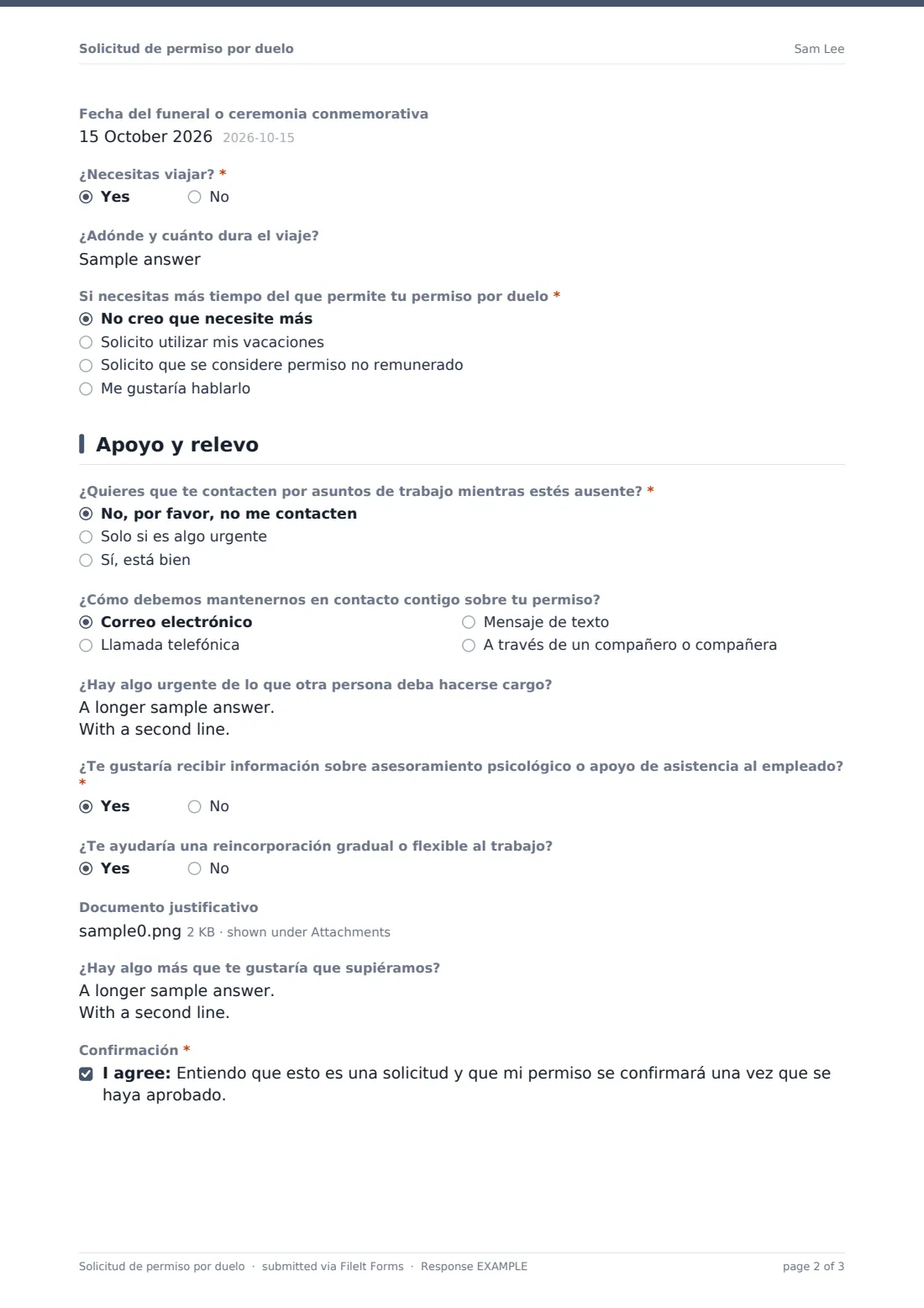 Solicitud de permiso por duelo — PDF de respuesta de ejemplo, página 2 de 3