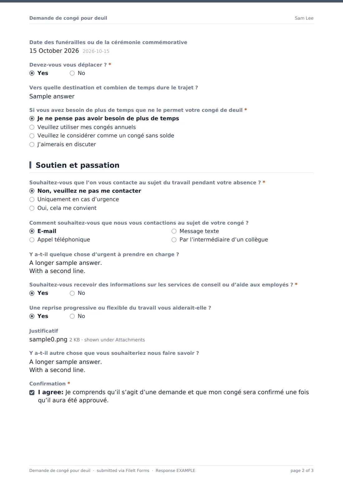 Demande de congé pour deuil — exemple de réponse au format PDF, page 2 sur 3