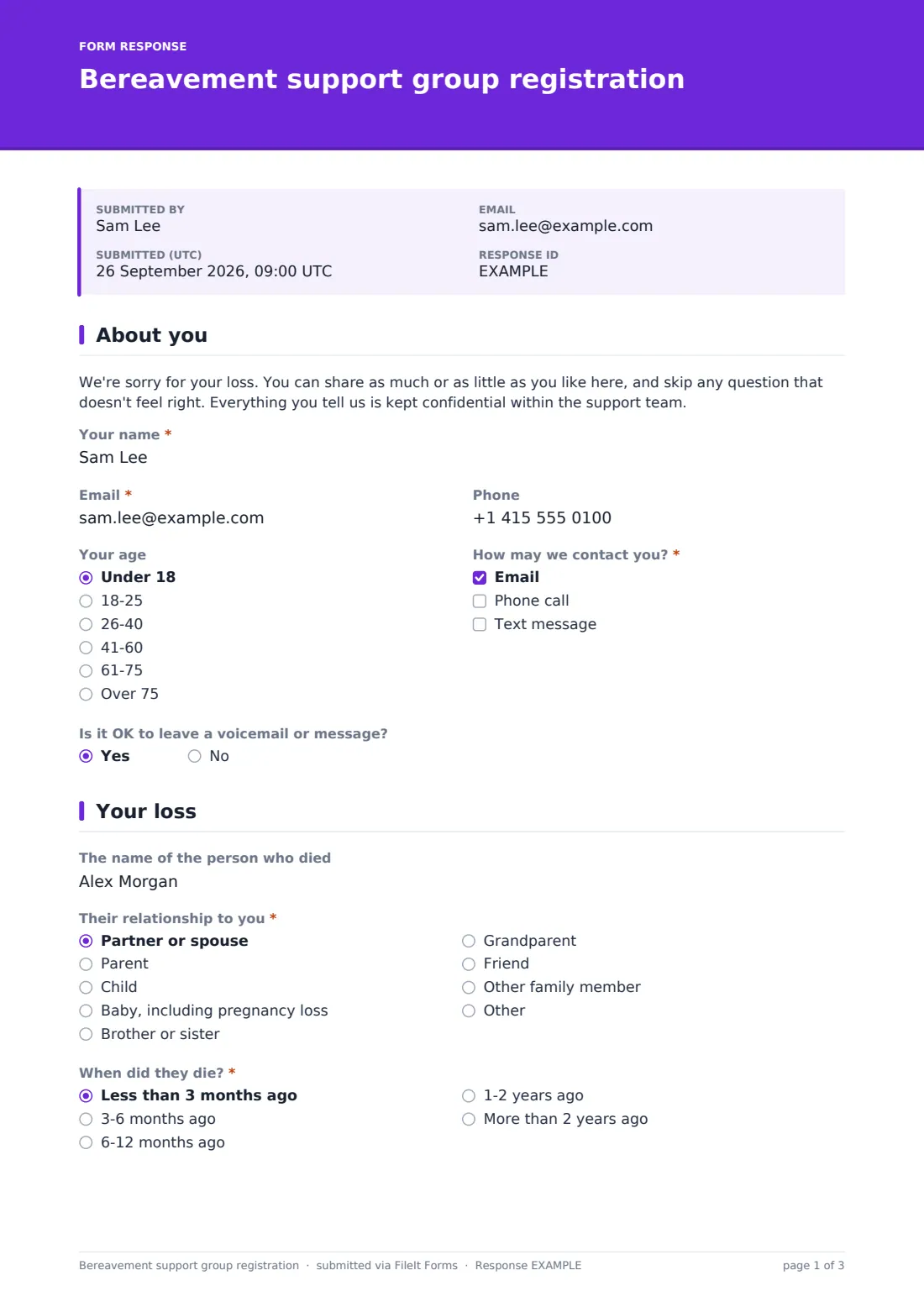 Bereavement support group registration — example response PDF, page 1 of 3