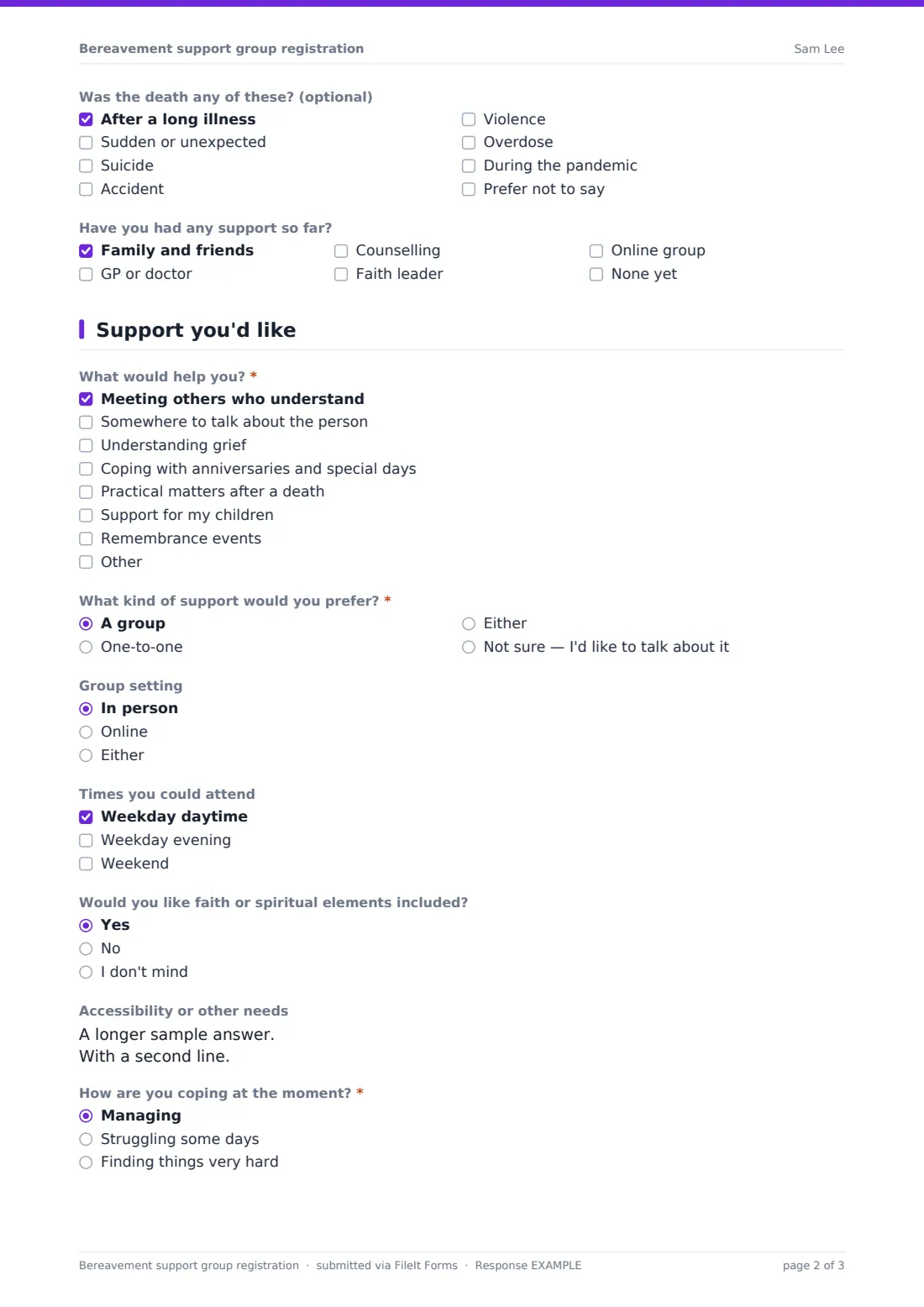 Bereavement support group registration — example response PDF, page 2 of 3