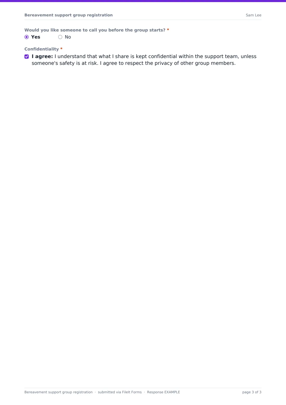 Bereavement support group registration — example response PDF, page 3 of 3