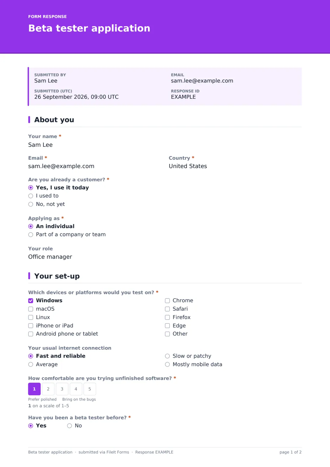 Beta tester application — example response PDF, page 1 of 2