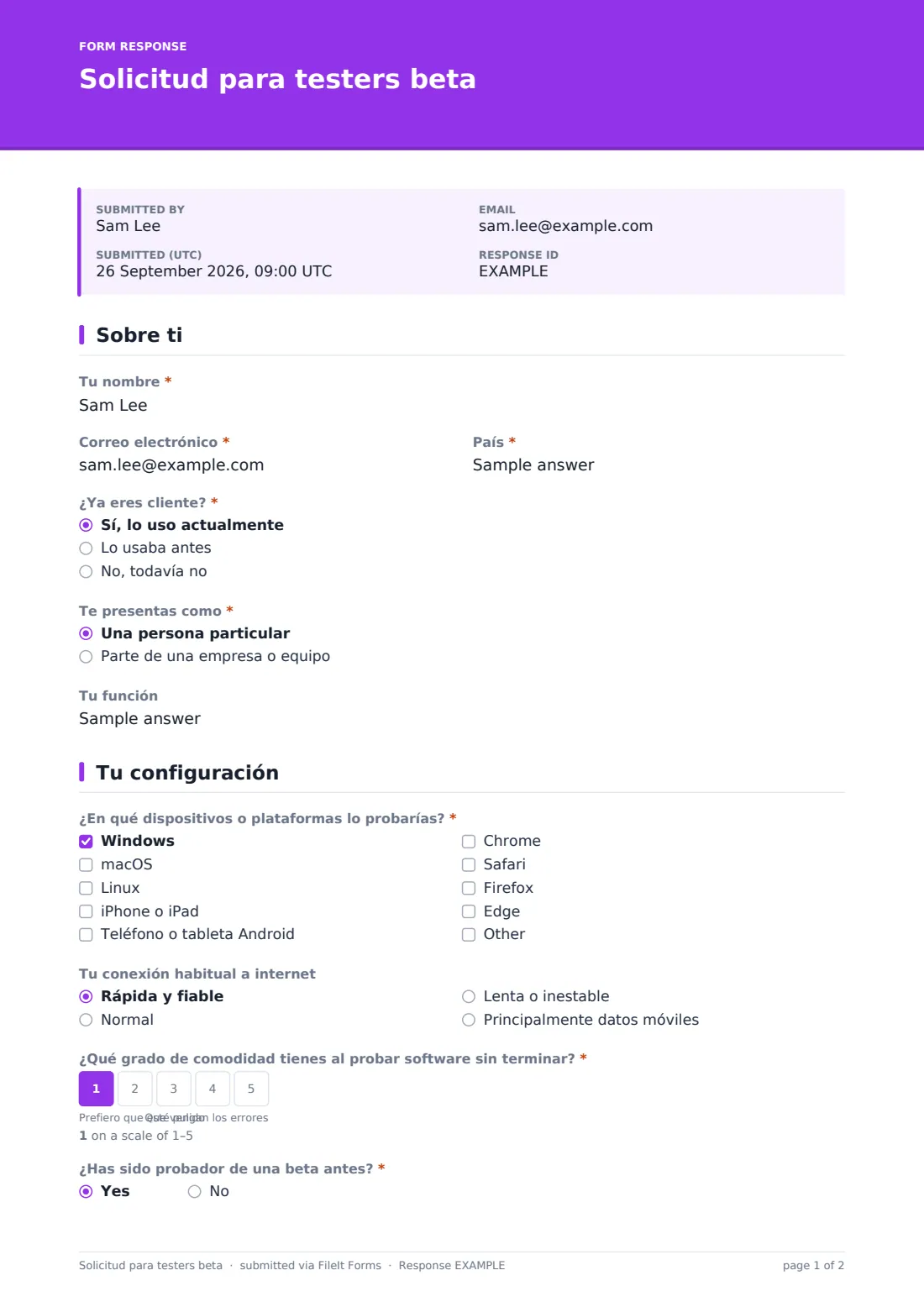 Solicitud para testers beta — PDF de respuesta de ejemplo, página 1 de 2