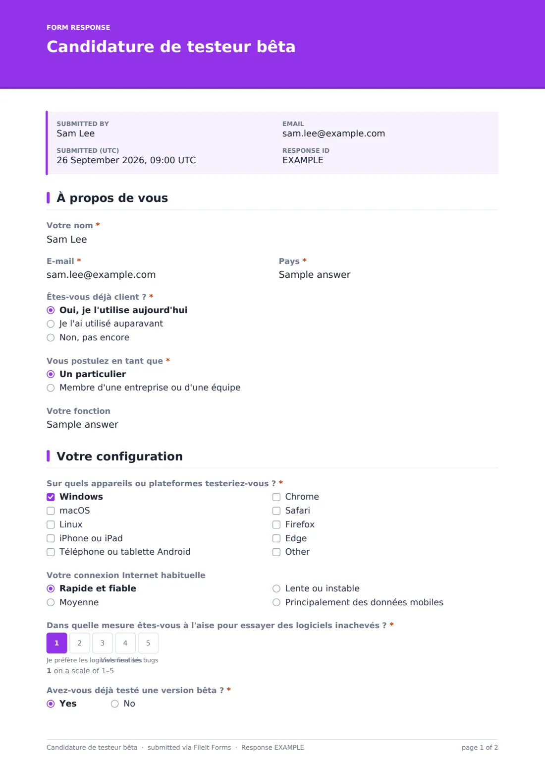 Candidature de testeur bêta — exemple de réponse au format PDF, page 1 sur 2