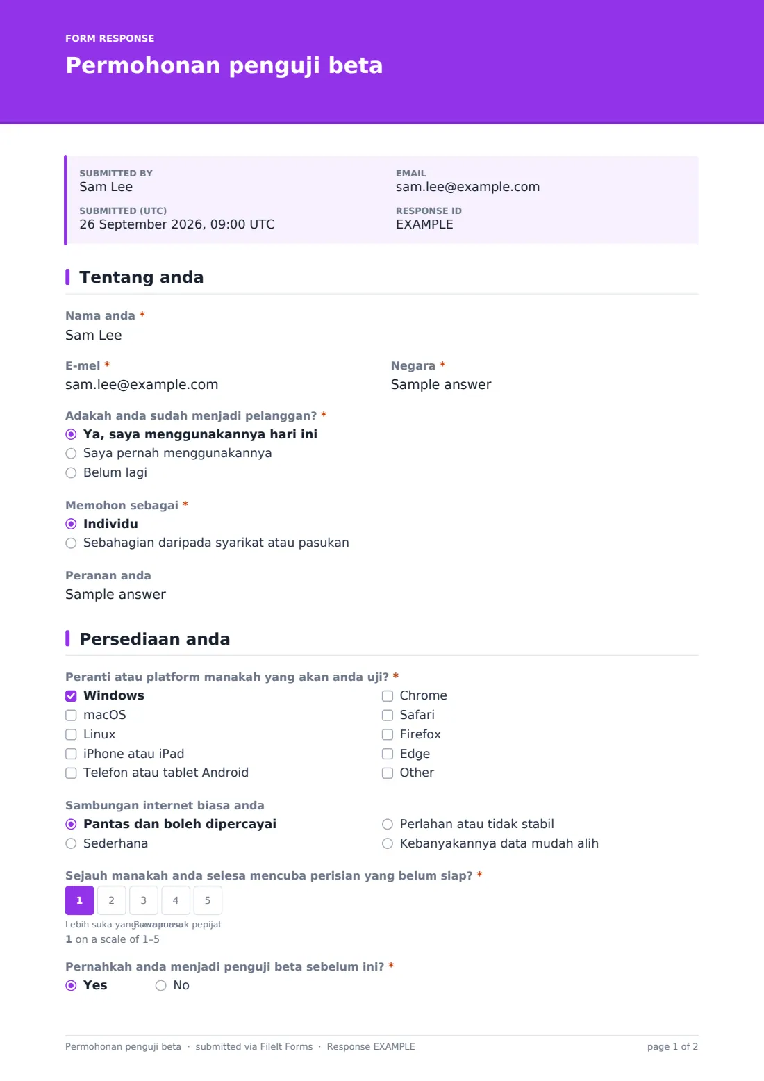 Permohonan penguji beta — PDF respons contoh, halaman 1 daripada 2