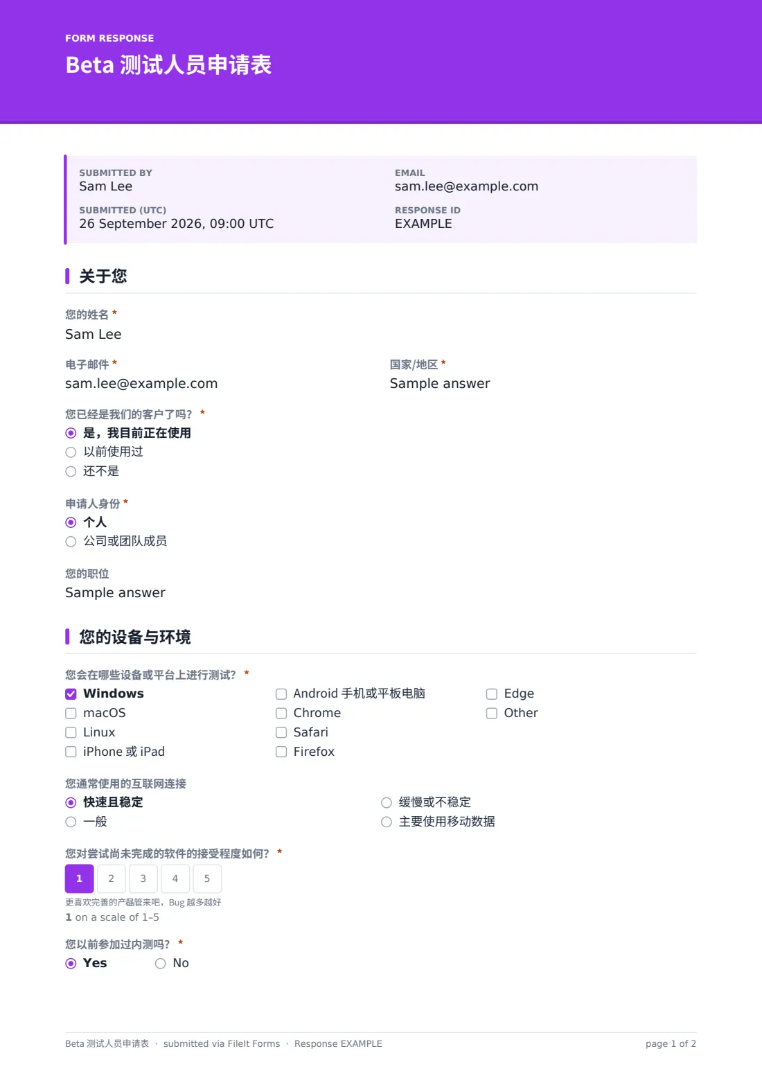 Beta 测试人员申请表 — 示例回复 PDF，第 1 页，共 2 页