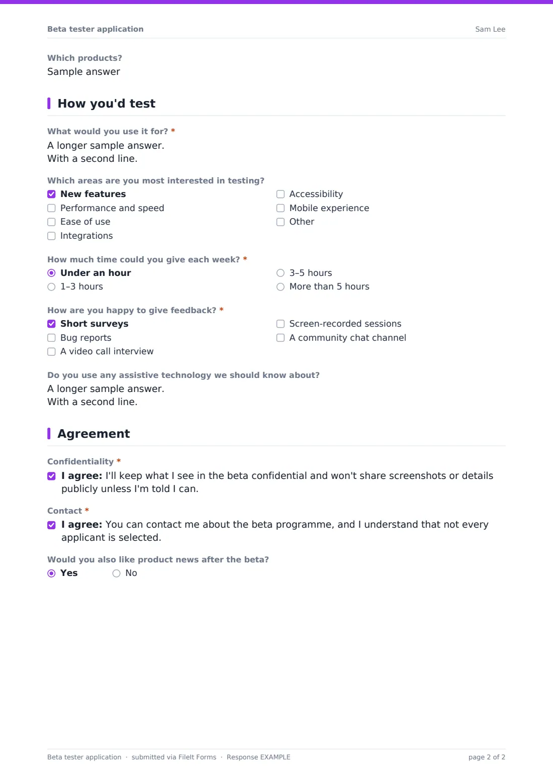 Beta tester application — example response PDF, page 2 of 2