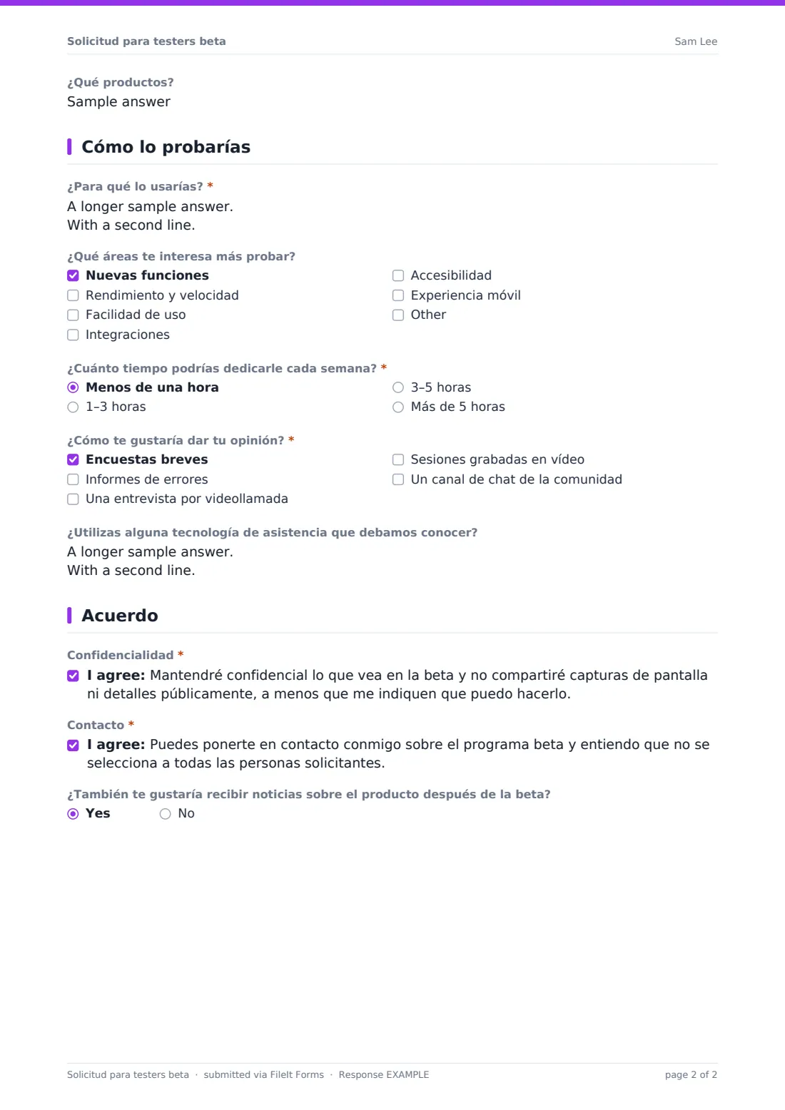 Solicitud para testers beta — PDF de respuesta de ejemplo, página 2 de 2