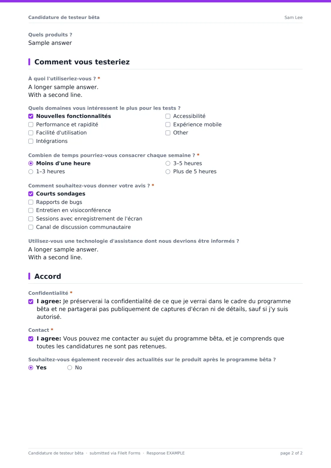 Candidature de testeur bêta — exemple de réponse au format PDF, page 2 sur 2