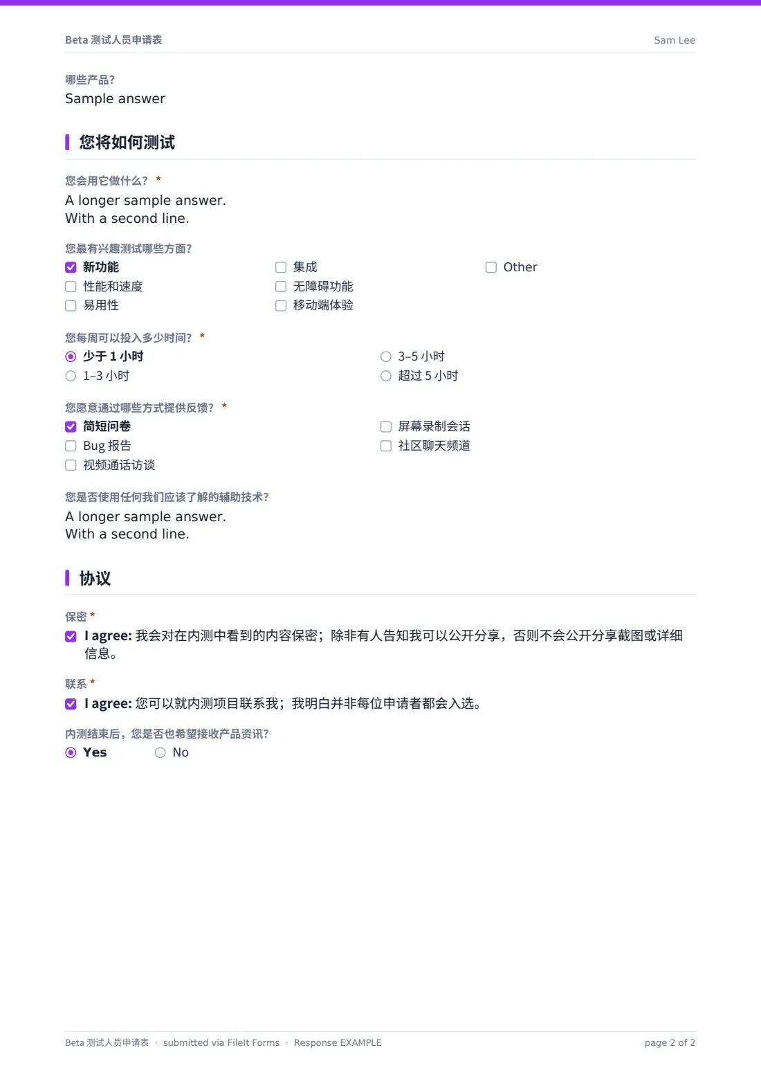 Beta 测试人员申请表 — 示例回复 PDF，第 2 页，共 2 页