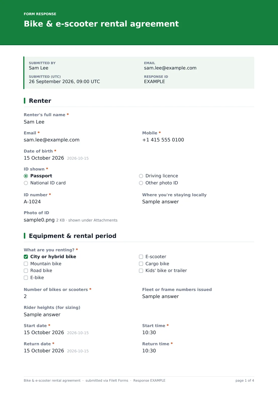 Bike & e-scooter rental agreement — example response PDF, page 1 of 4