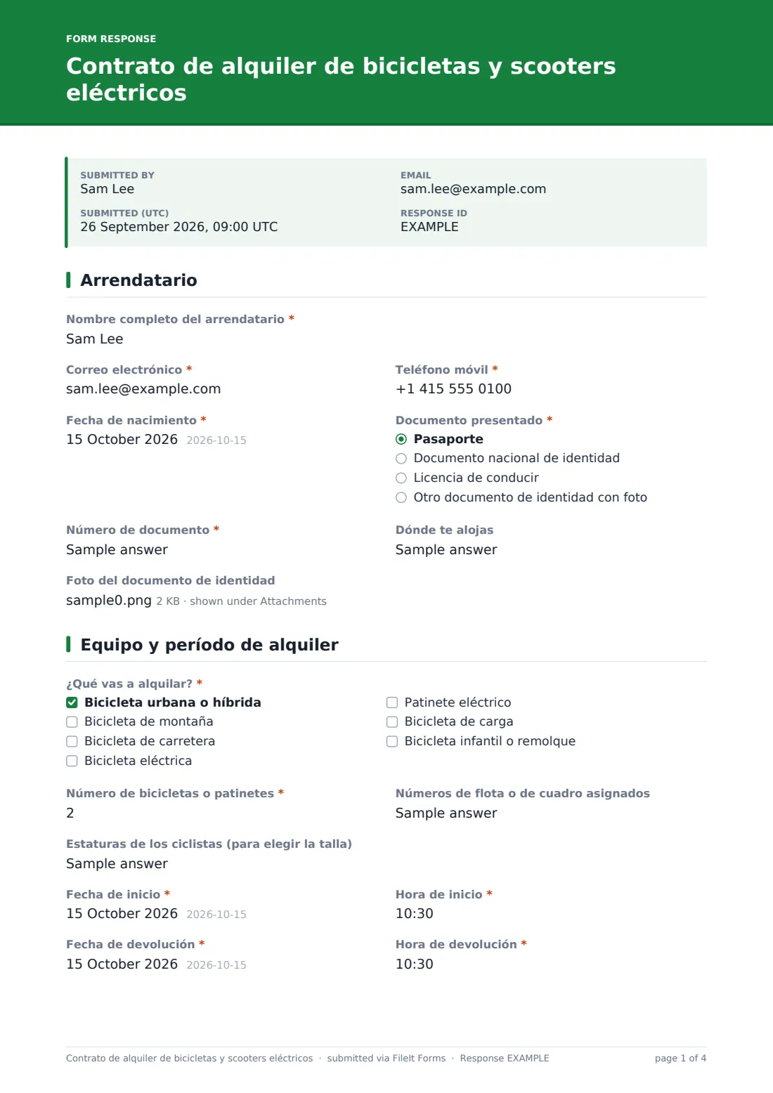 Contrato de alquiler de bicicletas y scooters eléctricos — PDF de respuesta de ejemplo, página 1 de 4