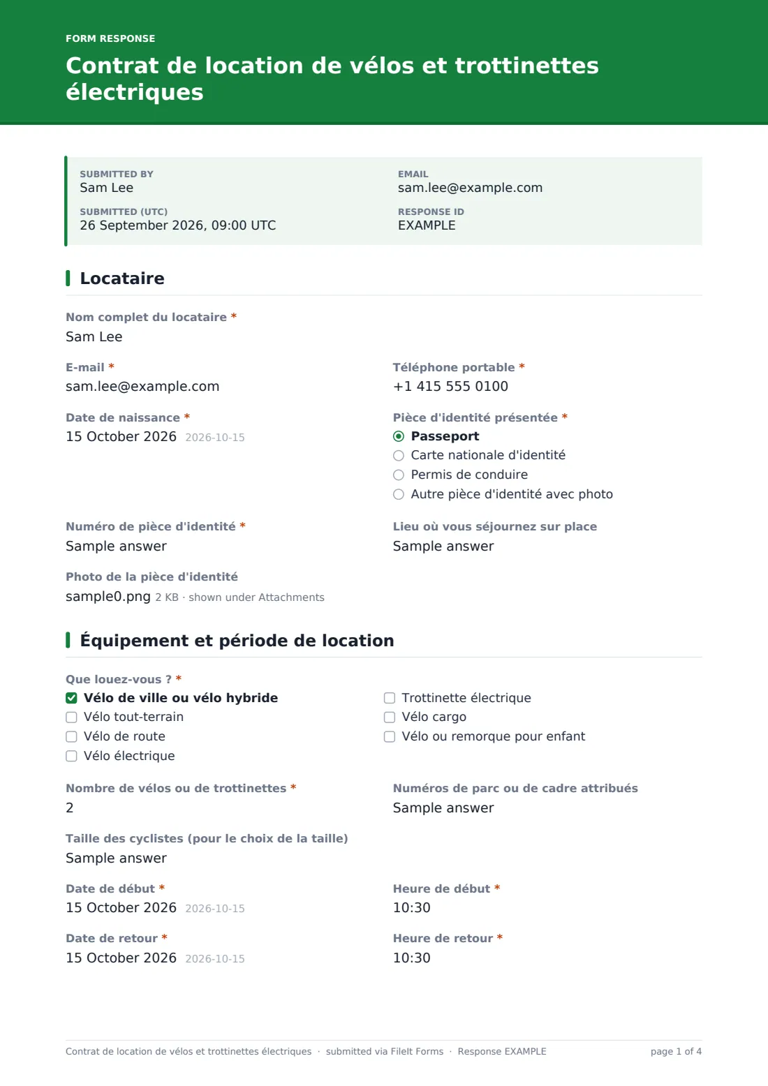 Contrat de location de vélos et trottinettes électriques — exemple de réponse au format PDF, page 1 sur 4