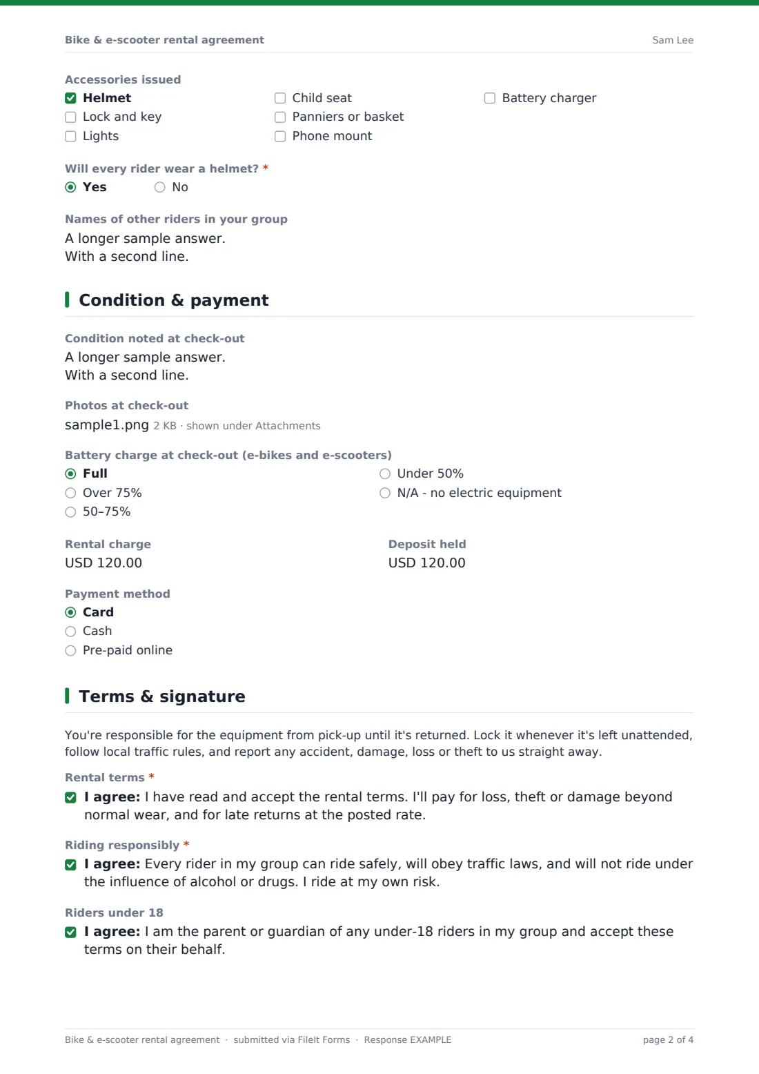 Bike & e-scooter rental agreement — example response PDF, page 2 of 4