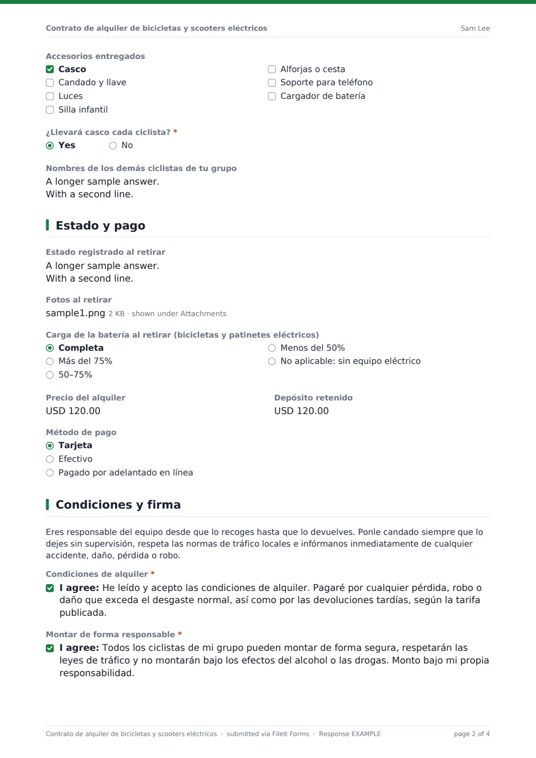Contrato de alquiler de bicicletas y scooters eléctricos — PDF de respuesta de ejemplo, página 2 de 4