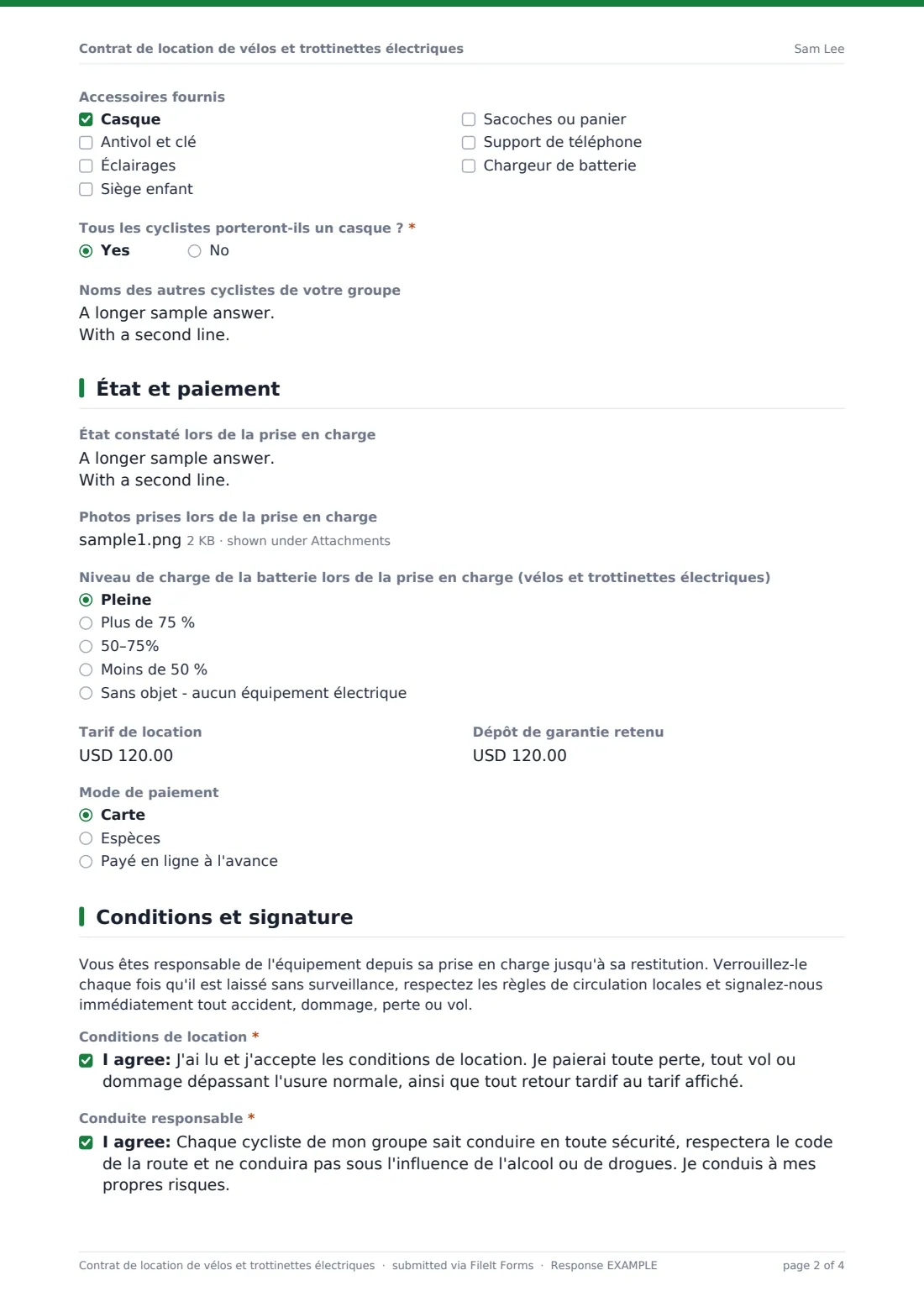 Contrat de location de vélos et trottinettes électriques — exemple de réponse au format PDF, page 2 sur 4