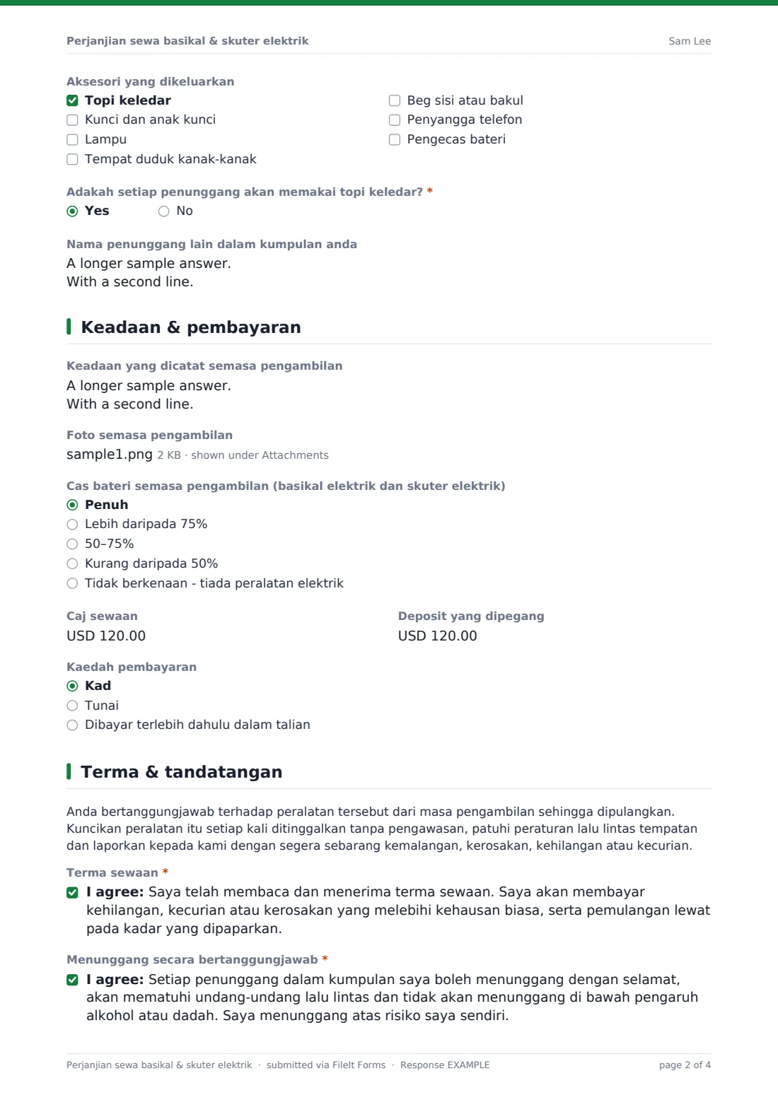 Perjanjian sewa basikal & skuter elektrik — PDF respons contoh, halaman 2 daripada 4