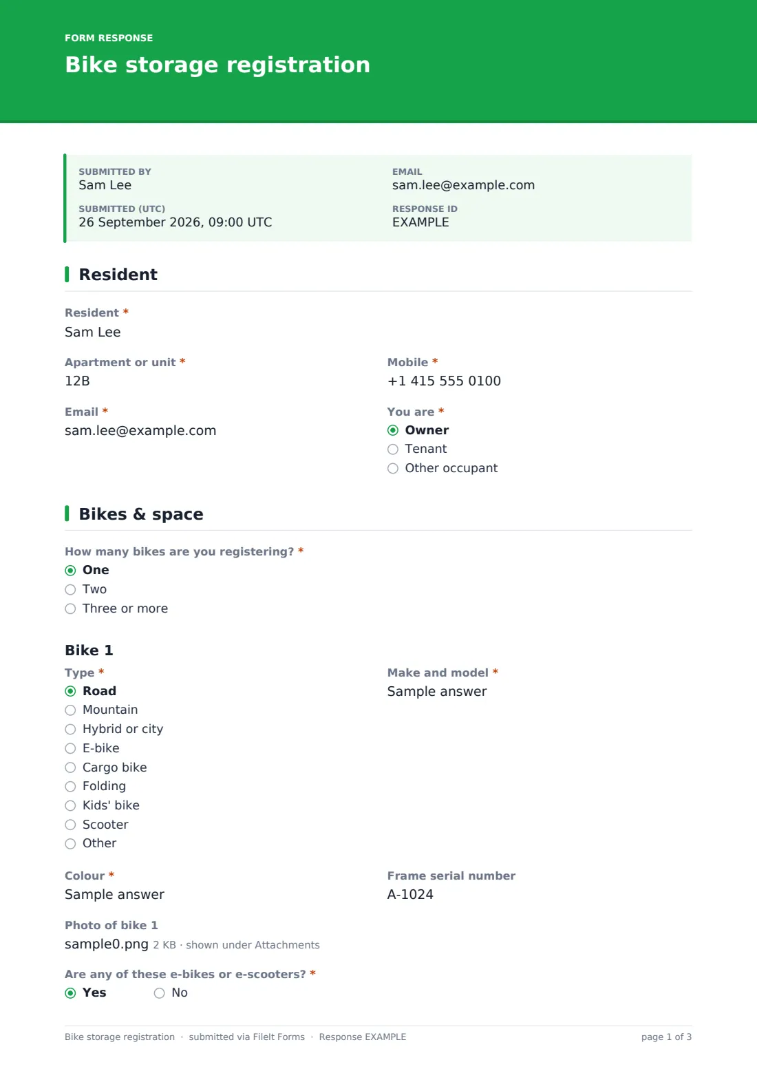 Bike storage registration — example response PDF, page 1 of 3