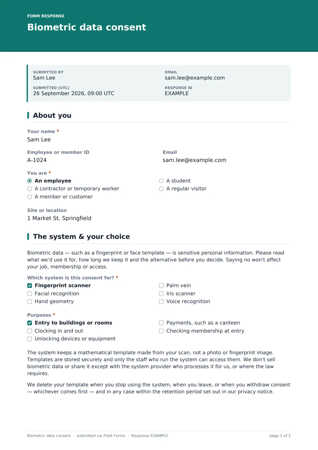 Biometric data consent — example response PDF, page 1 of 2
