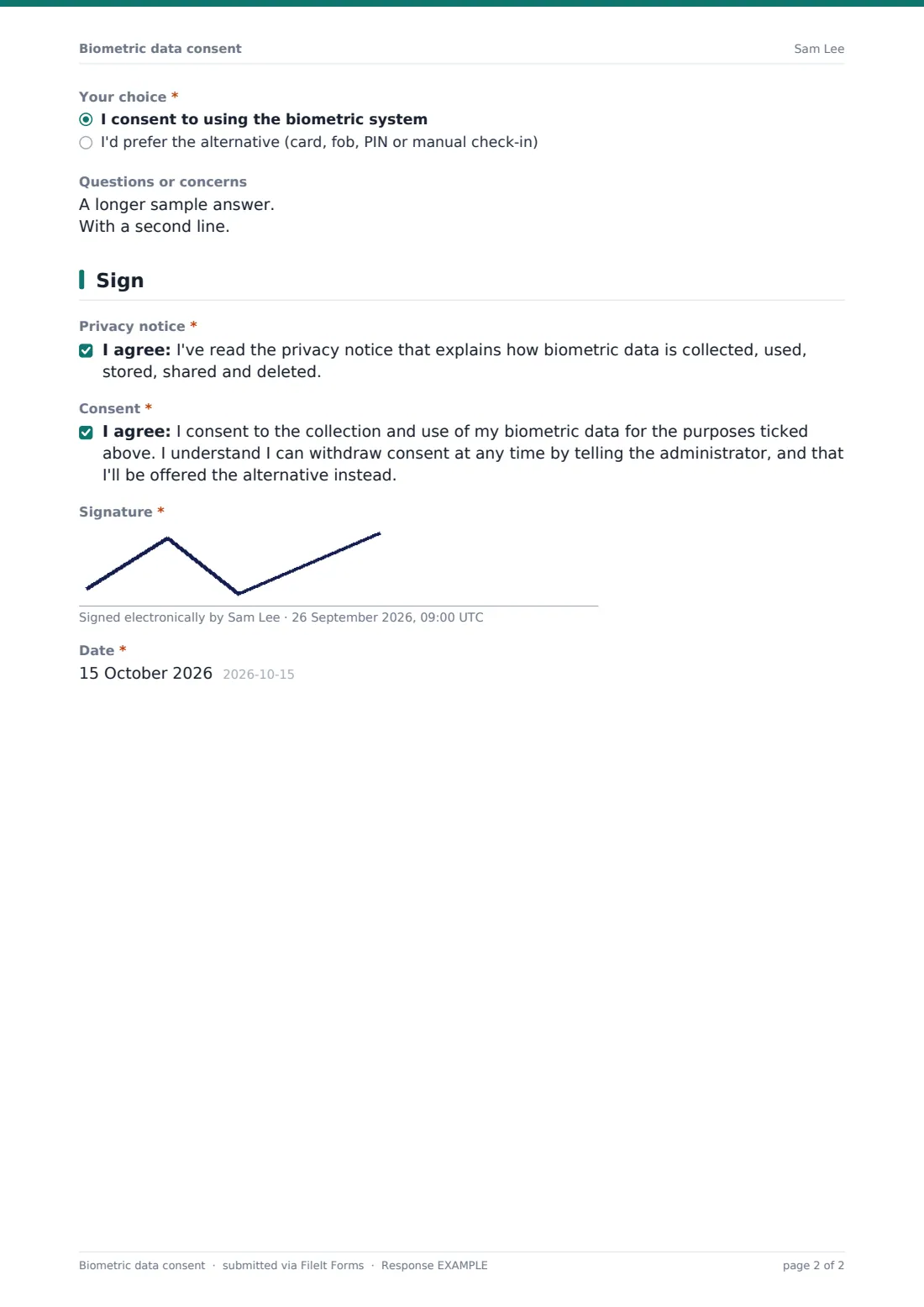 Biometric data consent — example response PDF, page 2 of 2